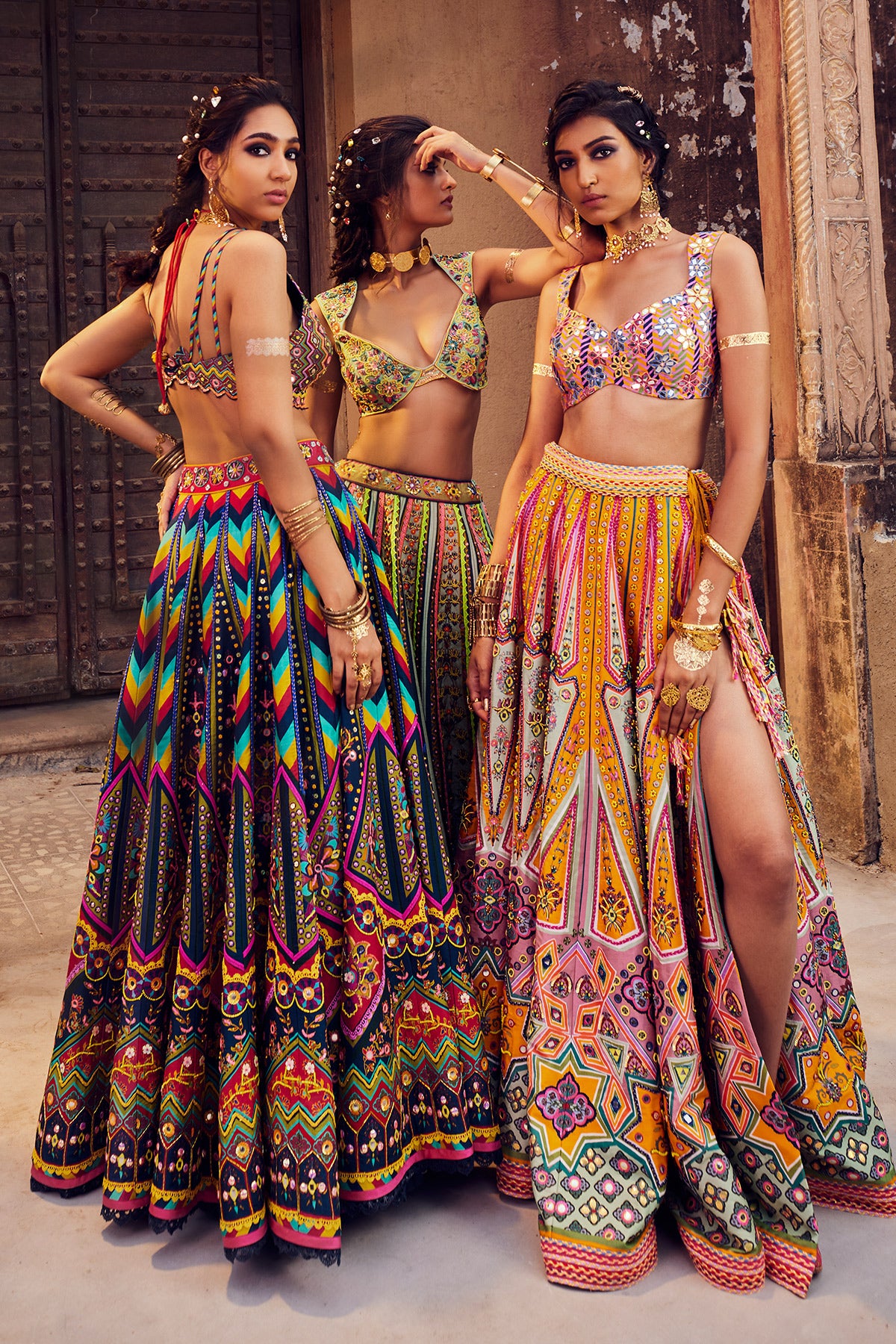 Yellow & Green Geometric Print Lehenga And Organza Embroidered Dupatta