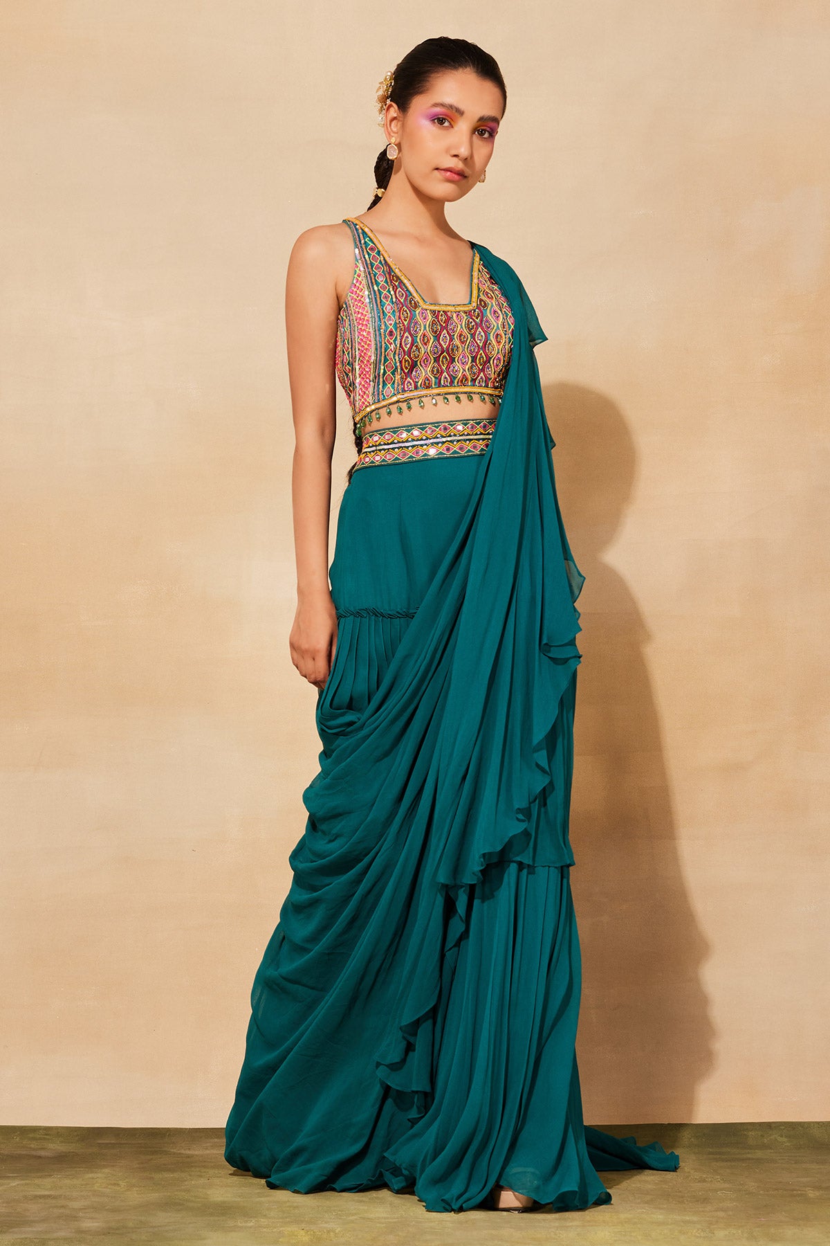 TEAL BLUE FEATHER MIX EMBROIDERED SAREE SET