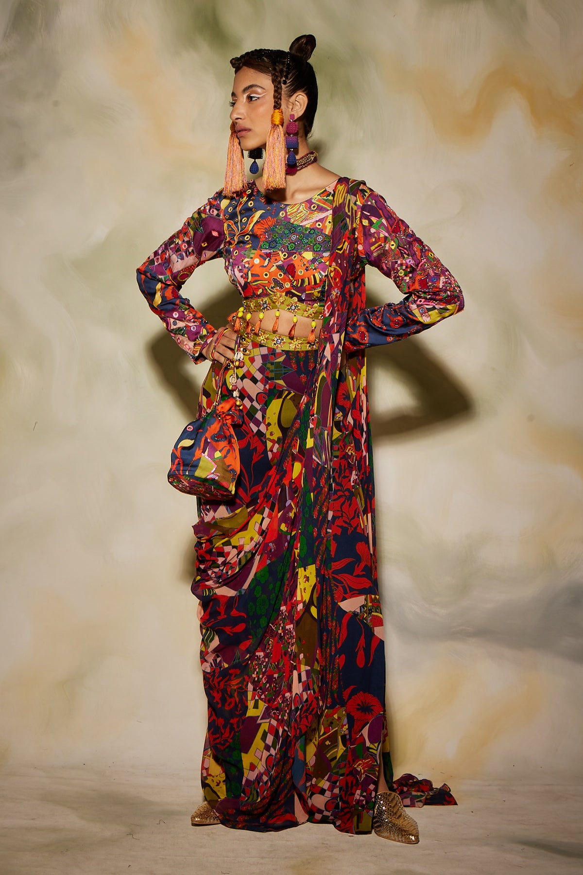 Purple Aztec Print Side Slit Open Sharara Saree Set & Potali Bag