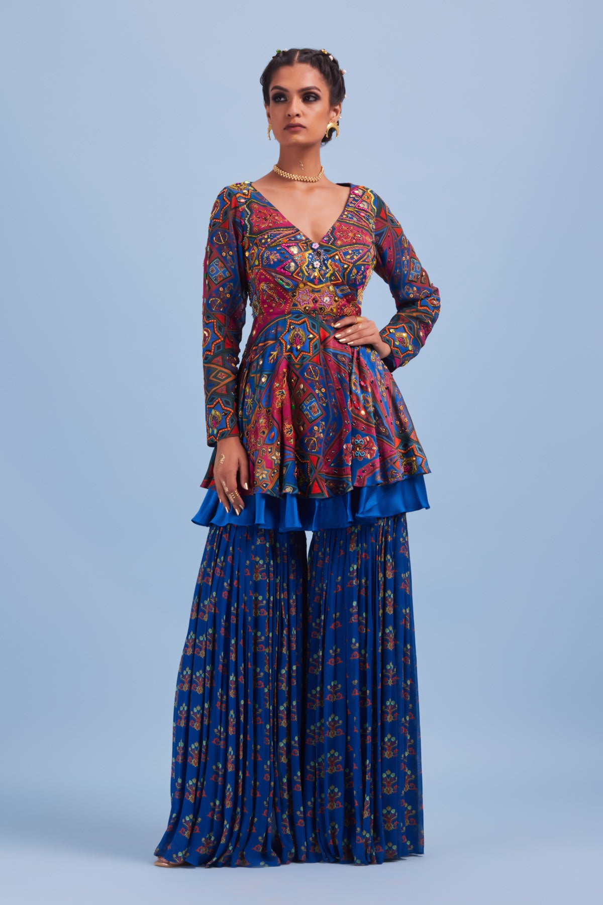 Teal & Fuchsia Pink Jaal Print & Highlighted Peplum Set