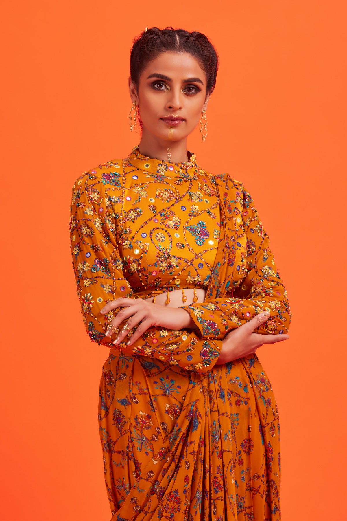 Yellow Bale Print Blouse With Box Pleat Side Slit Open Sari & Potli Bag