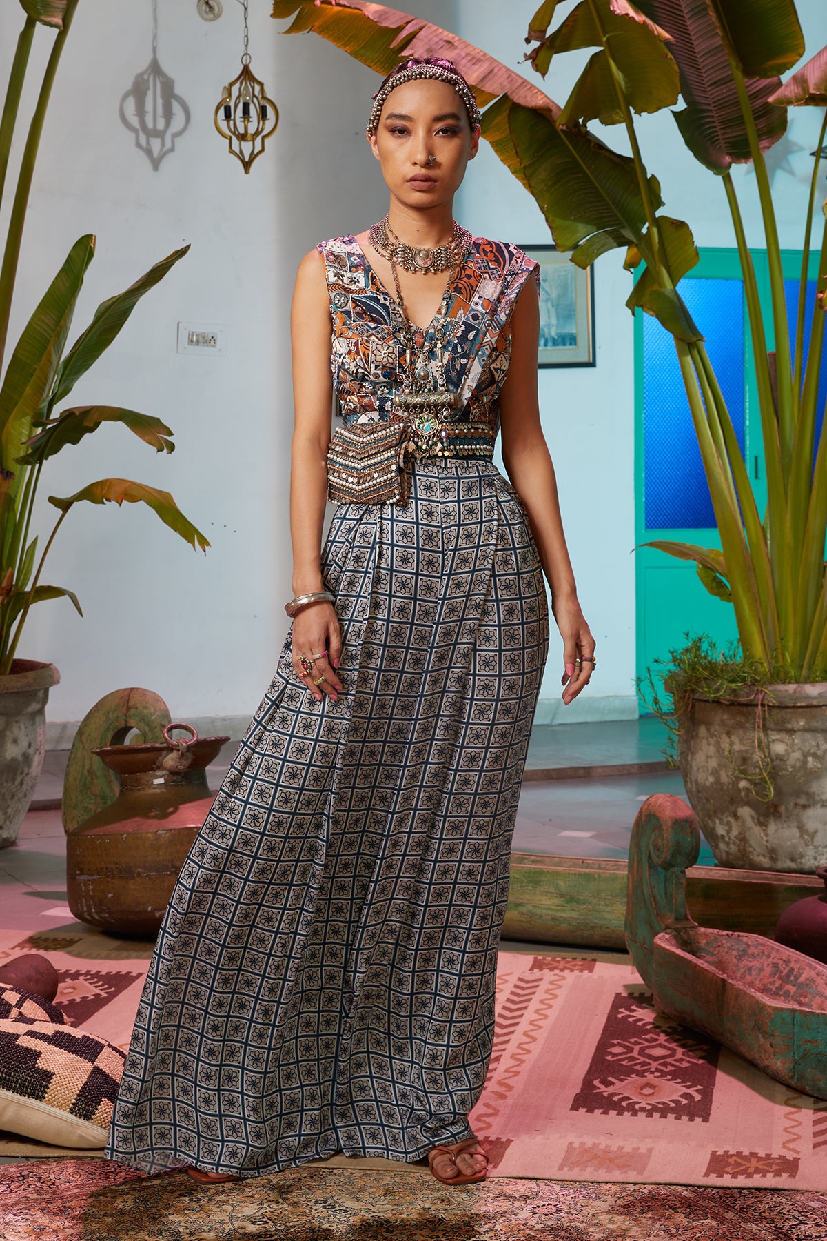 Grey & Teal Tile Print Box Pleat Pant Sari