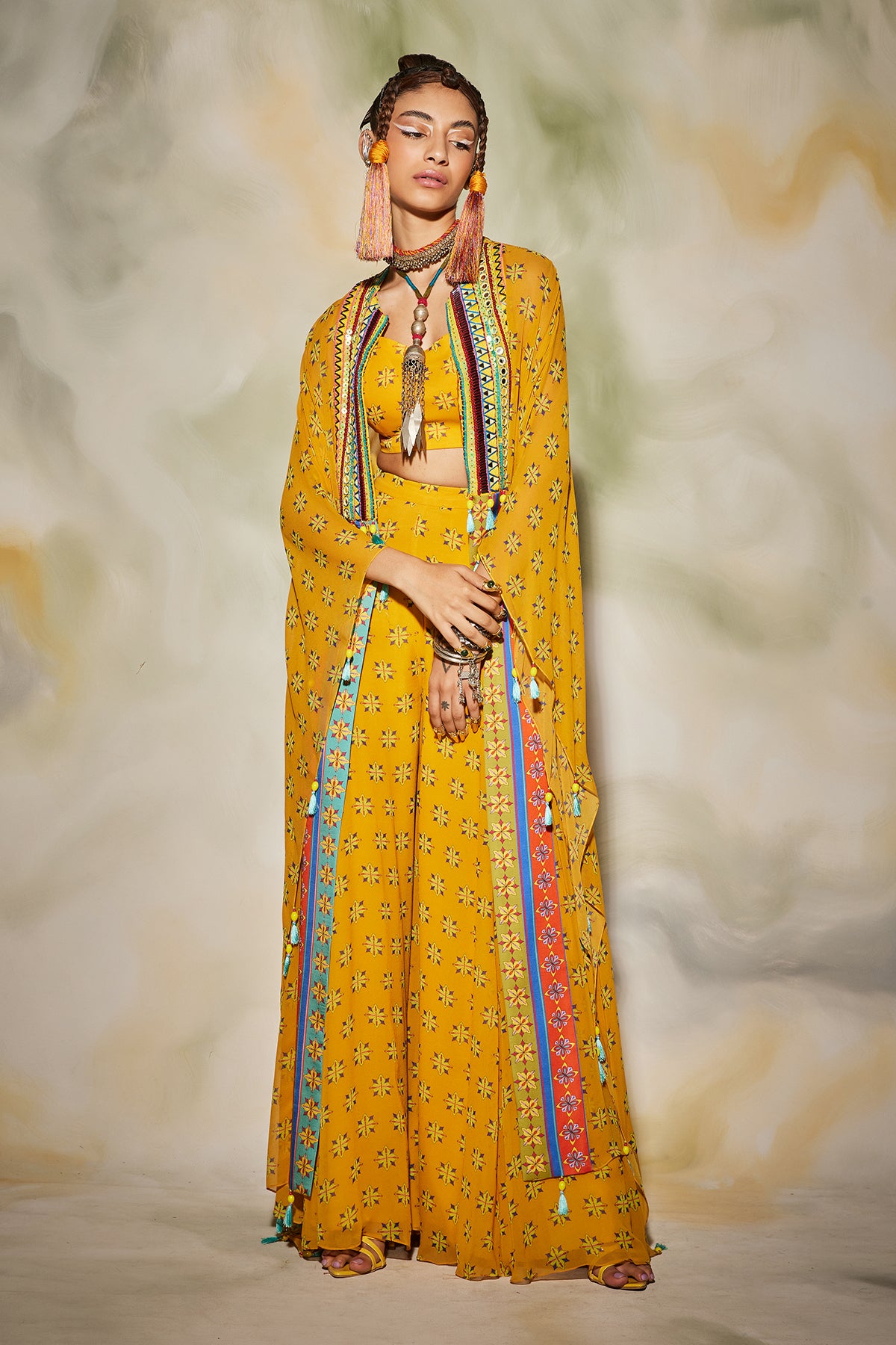 Yellow Butta Print With Trible Embroidered Yoke Kaftan Set