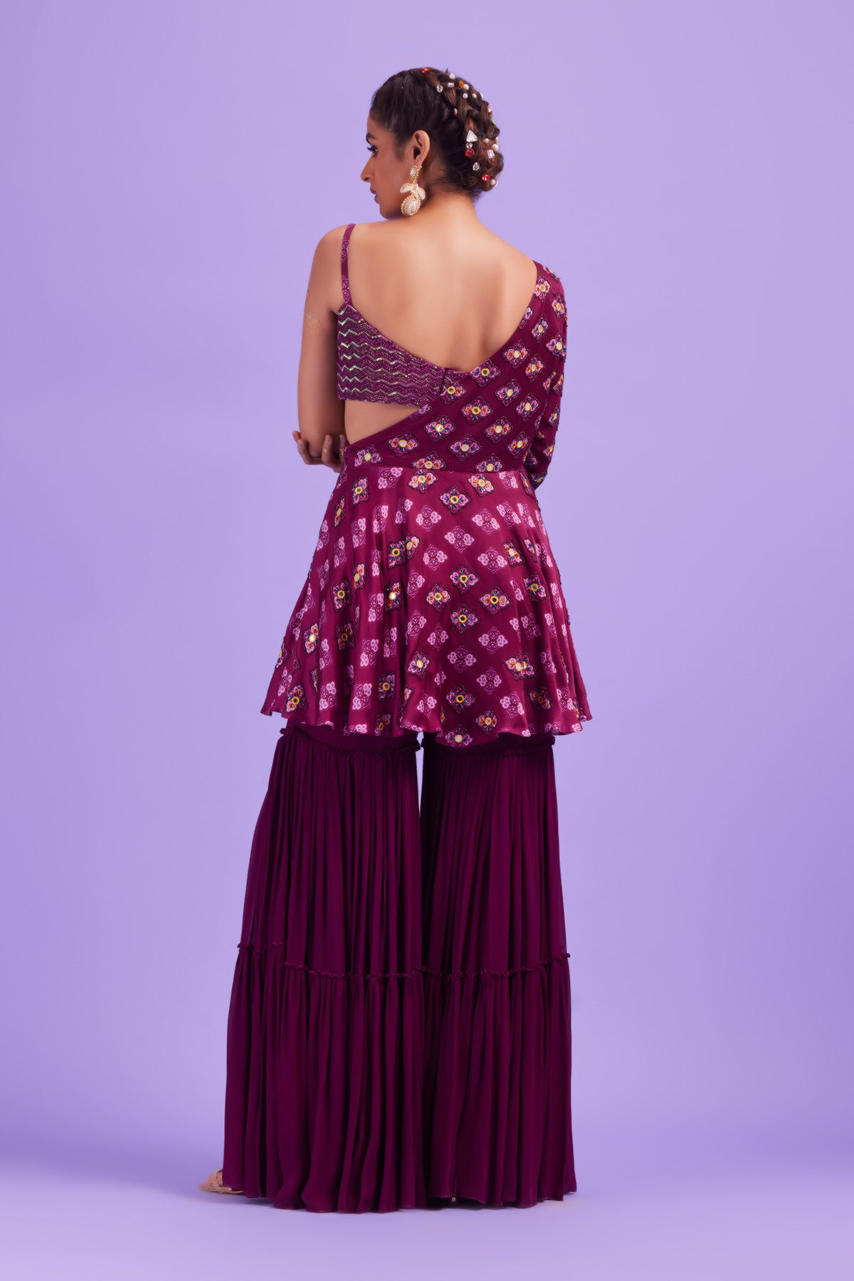 Purple Asymmetrical Butta Print & Highlighted Peplum Set