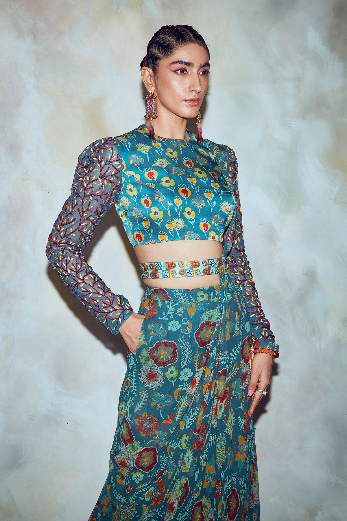 Teal Blue Floral Saree Set