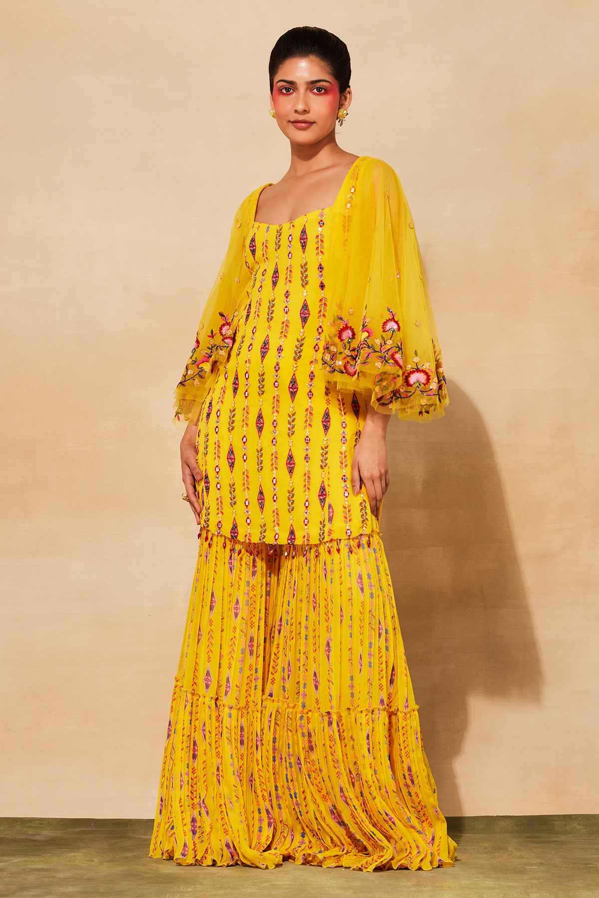 YELLOW PRINT & EMBROIDERED KURTI SET