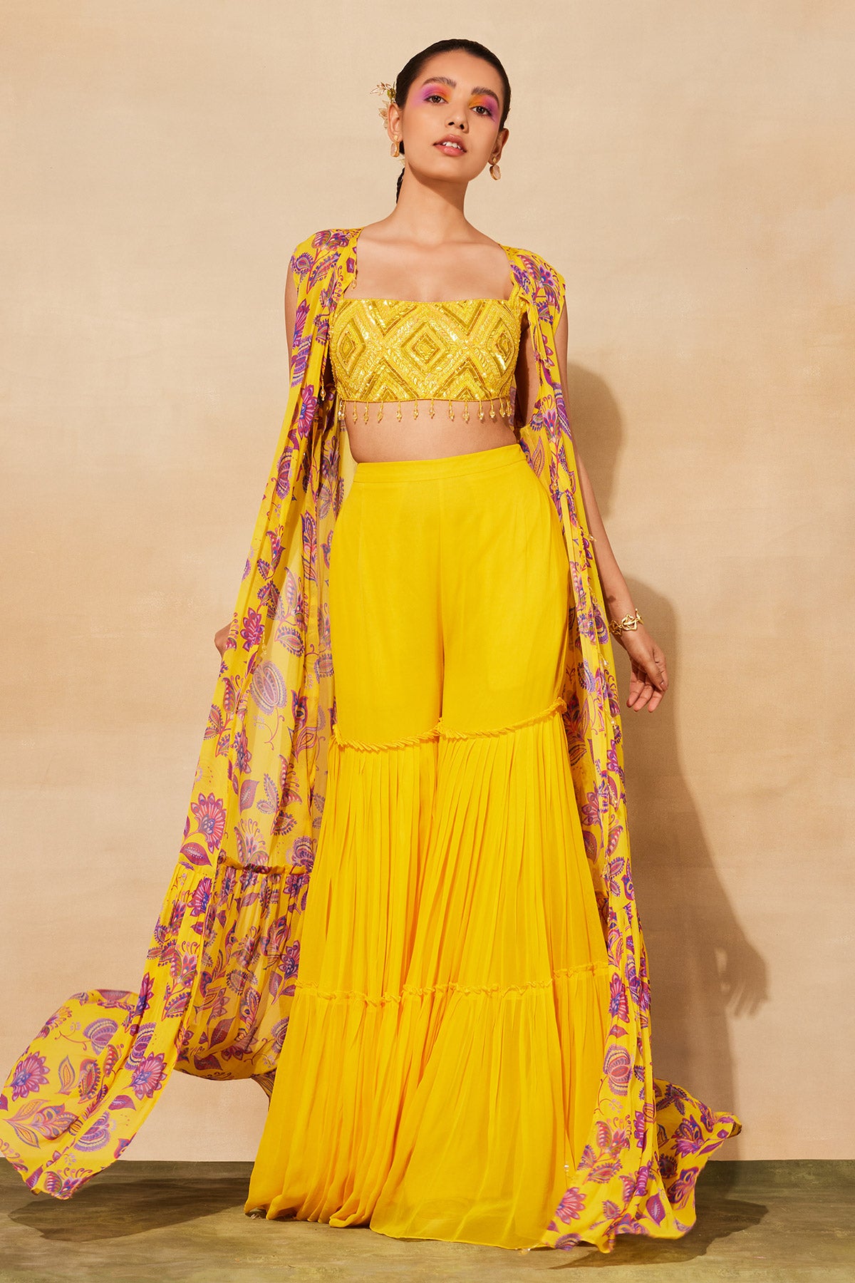 YELLOW PRINT & EMBROIDERED CAPE SET