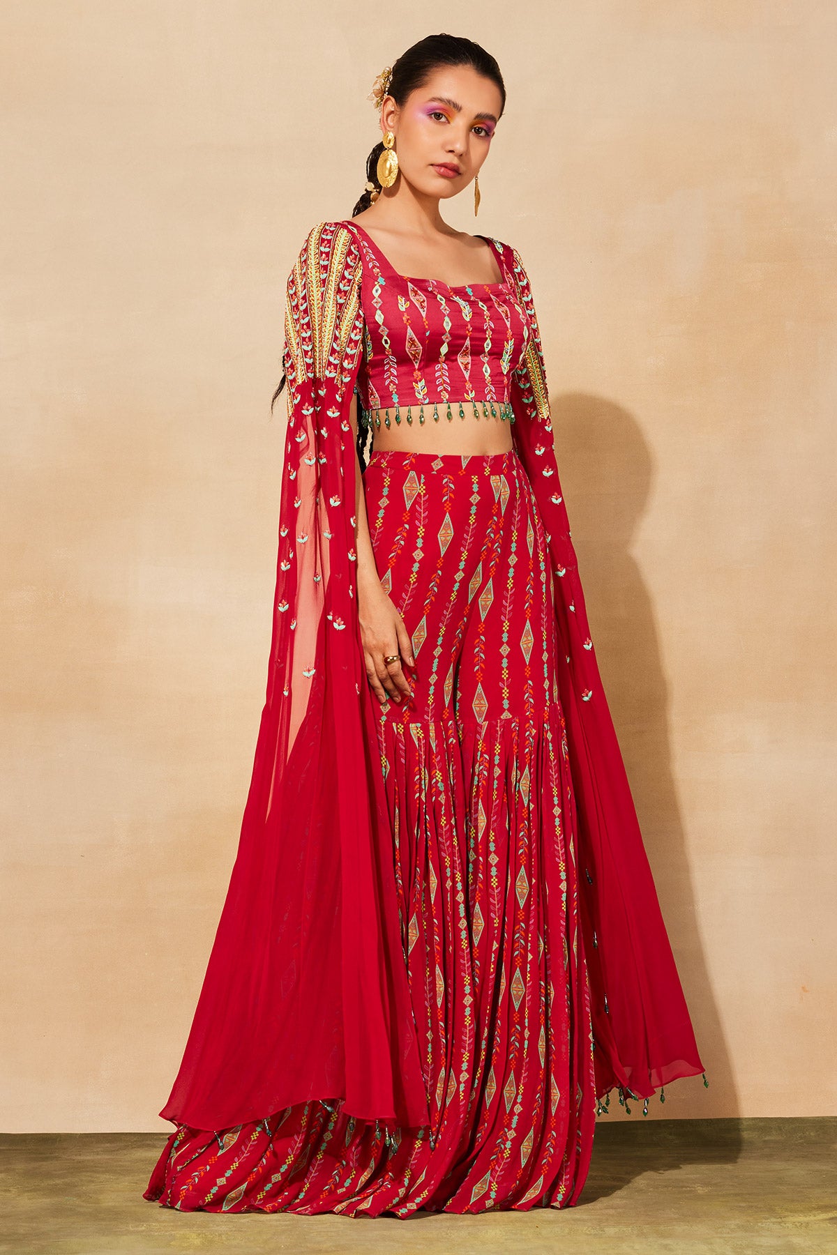 CRIMSON RED PRINT & EMBROIDERED CROP TOP SET