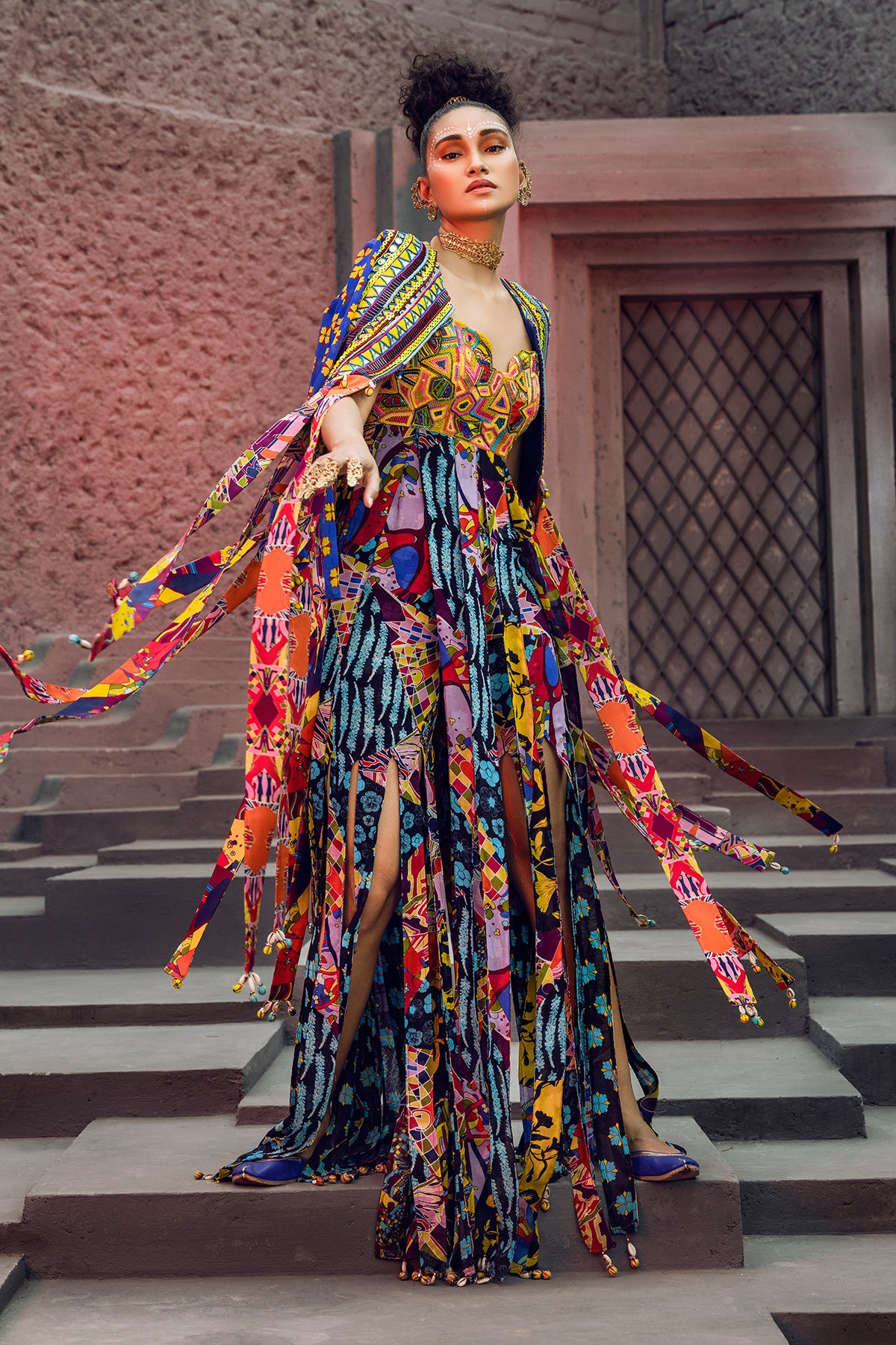 Trible yoke embroidery Cape Jumpsuit Set