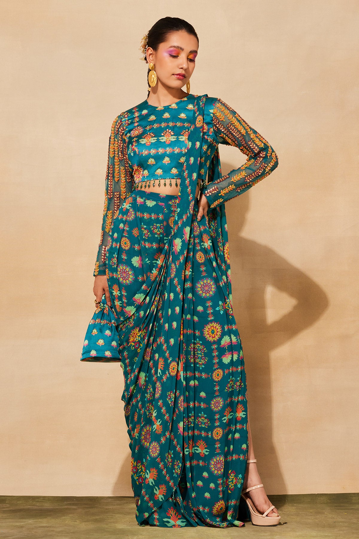 TEAL BLUE PRINT & EMBROIDERED SAREE SET