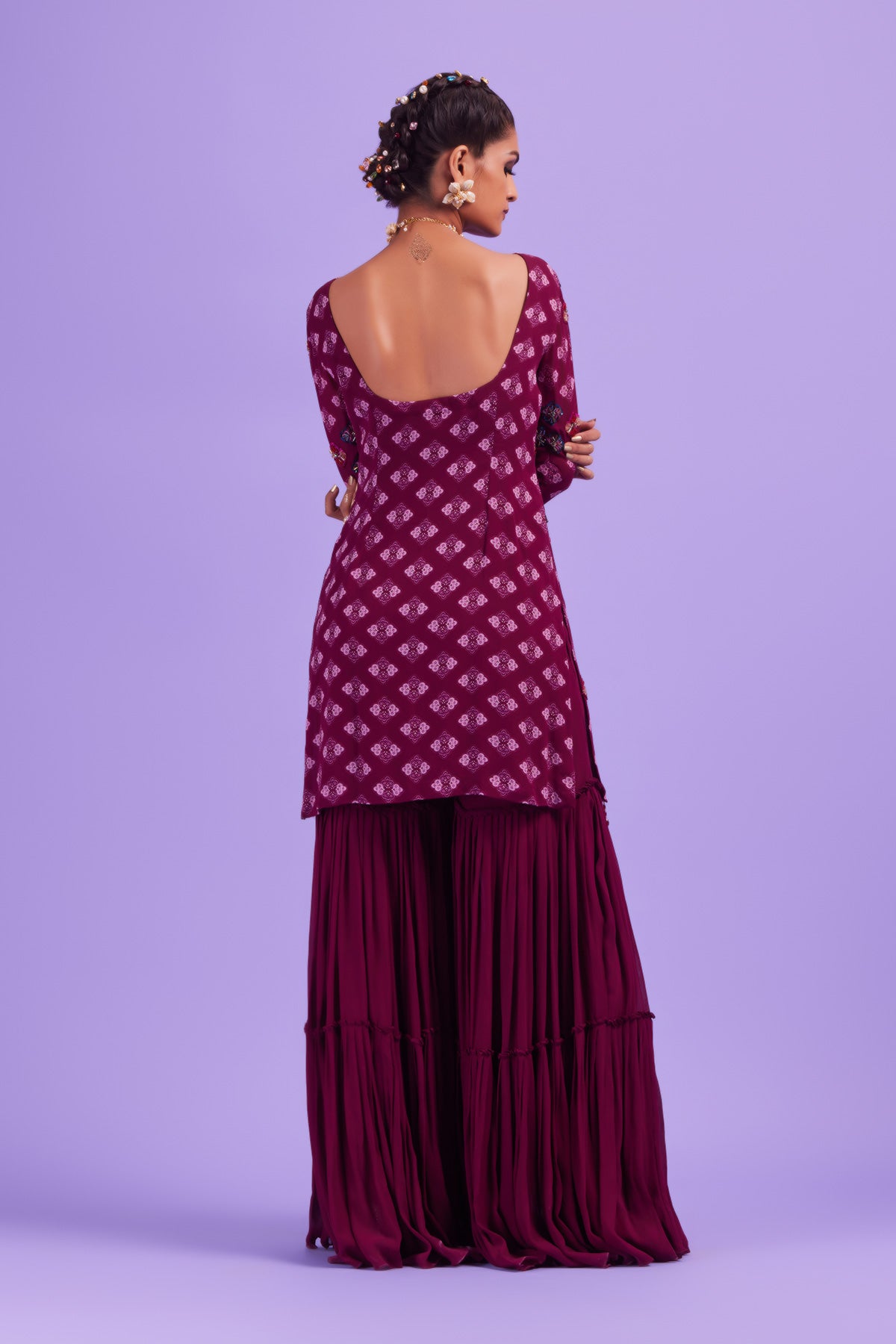 Purple Butta Print & Highlighted Kurti With Purple Gharara Pants