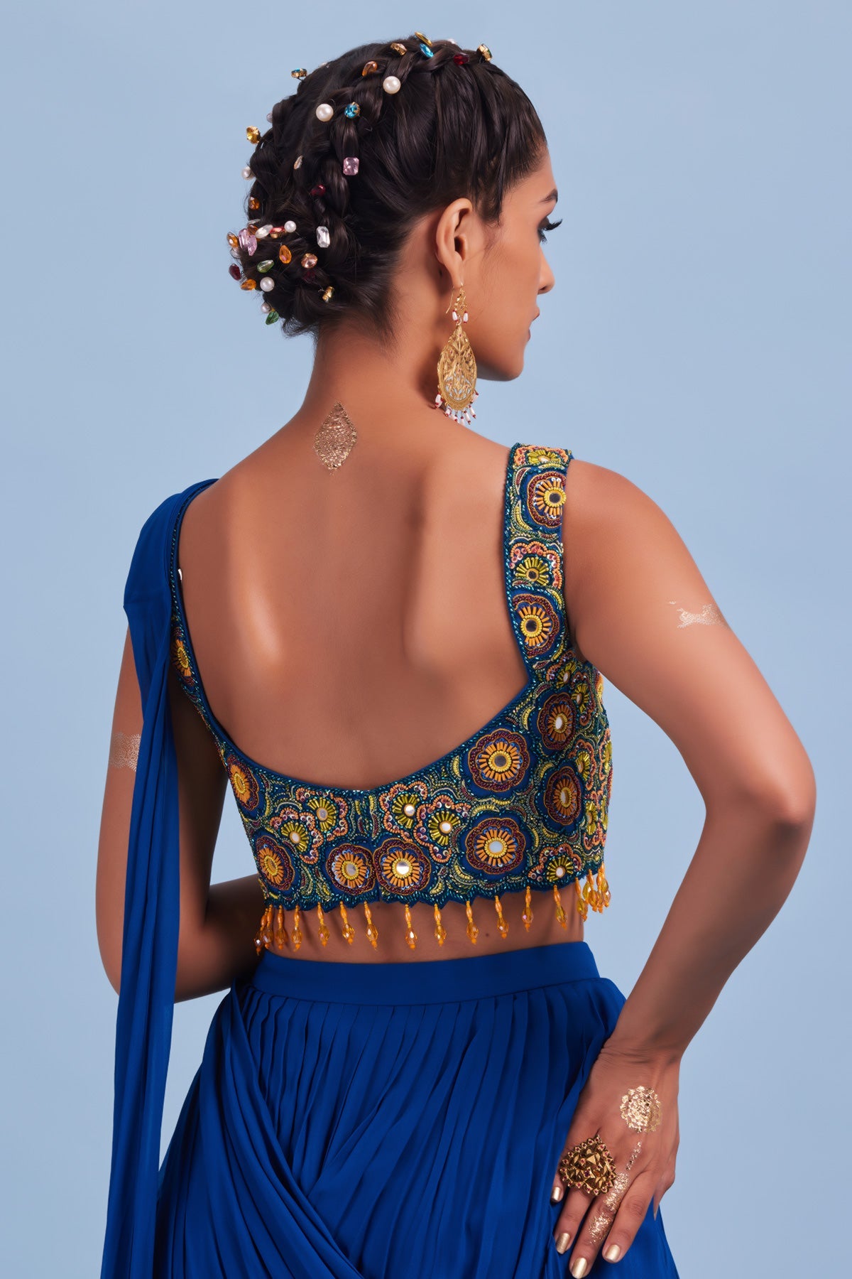Blue Cutdana Floral Embroidered Sari Set