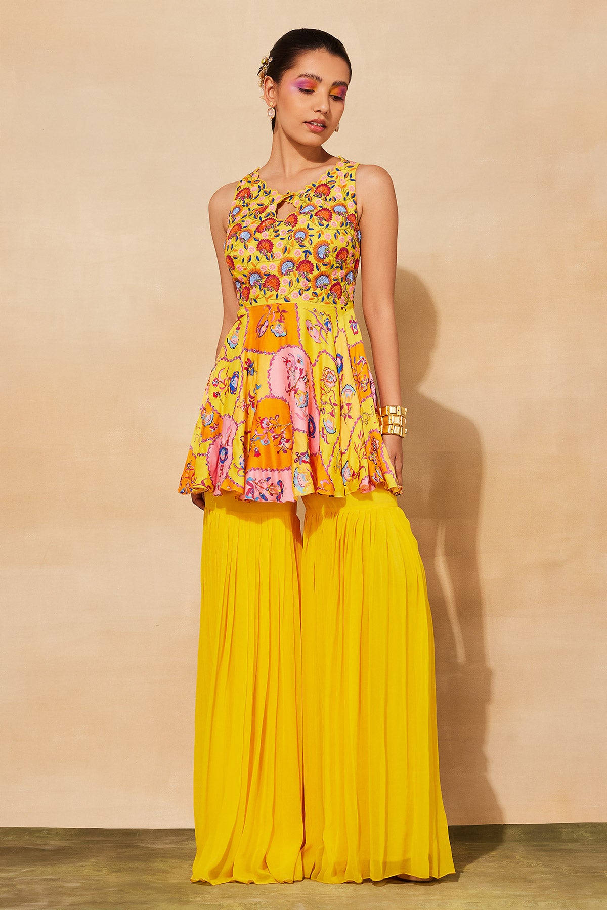 YELLOW PRINTED & EMBROIDERED PEPLUM SET