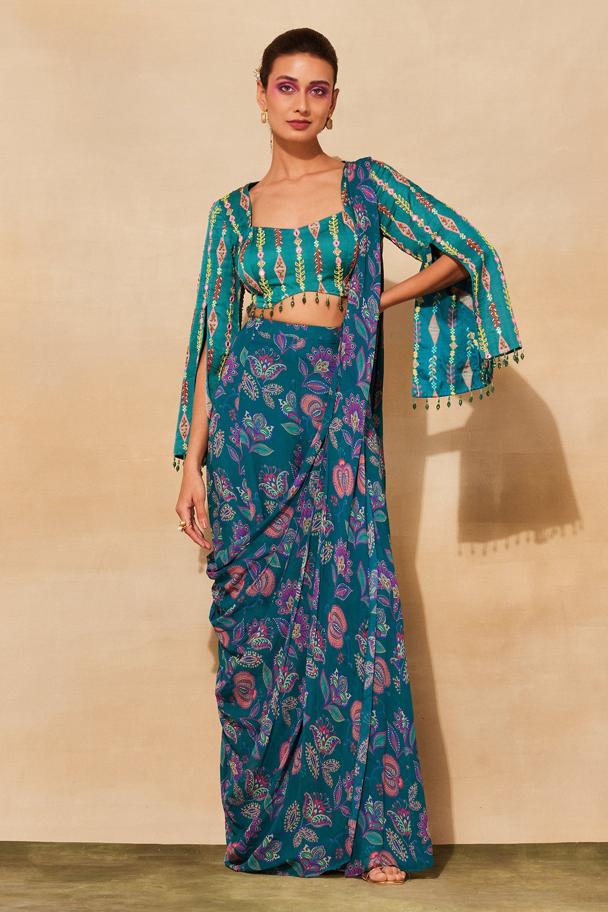 TEAL BLUE PRINT & EMBROIDERED SAREE SET