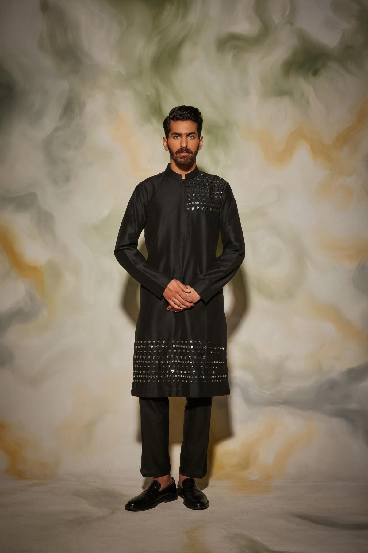 Black Self On Self Acrylic and thread one side Embroidered Kurta