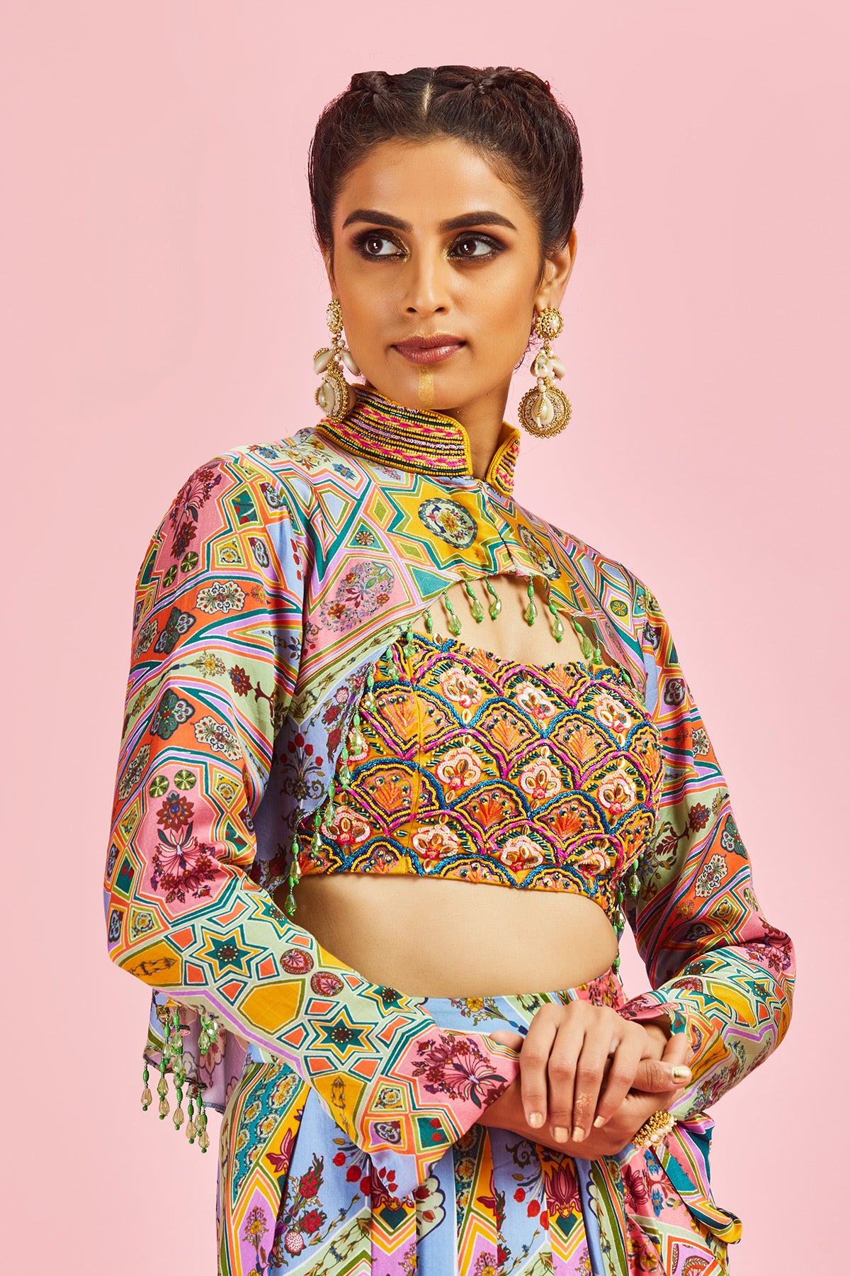 Yellow Crop Top With Short Cape & Dhoti Skirt