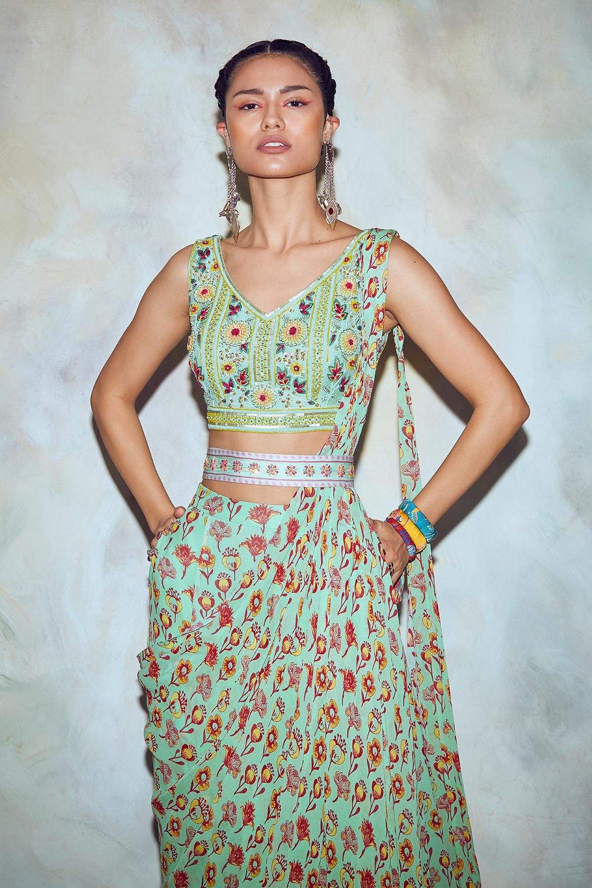 Mint Green Floral Saree Set