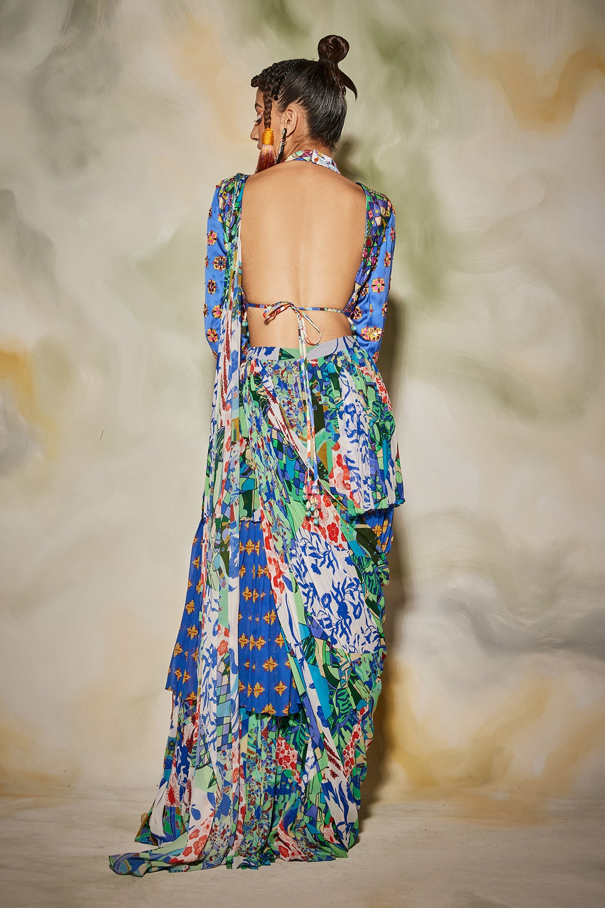 White & Blue Aztec Butta Printed Saree Set