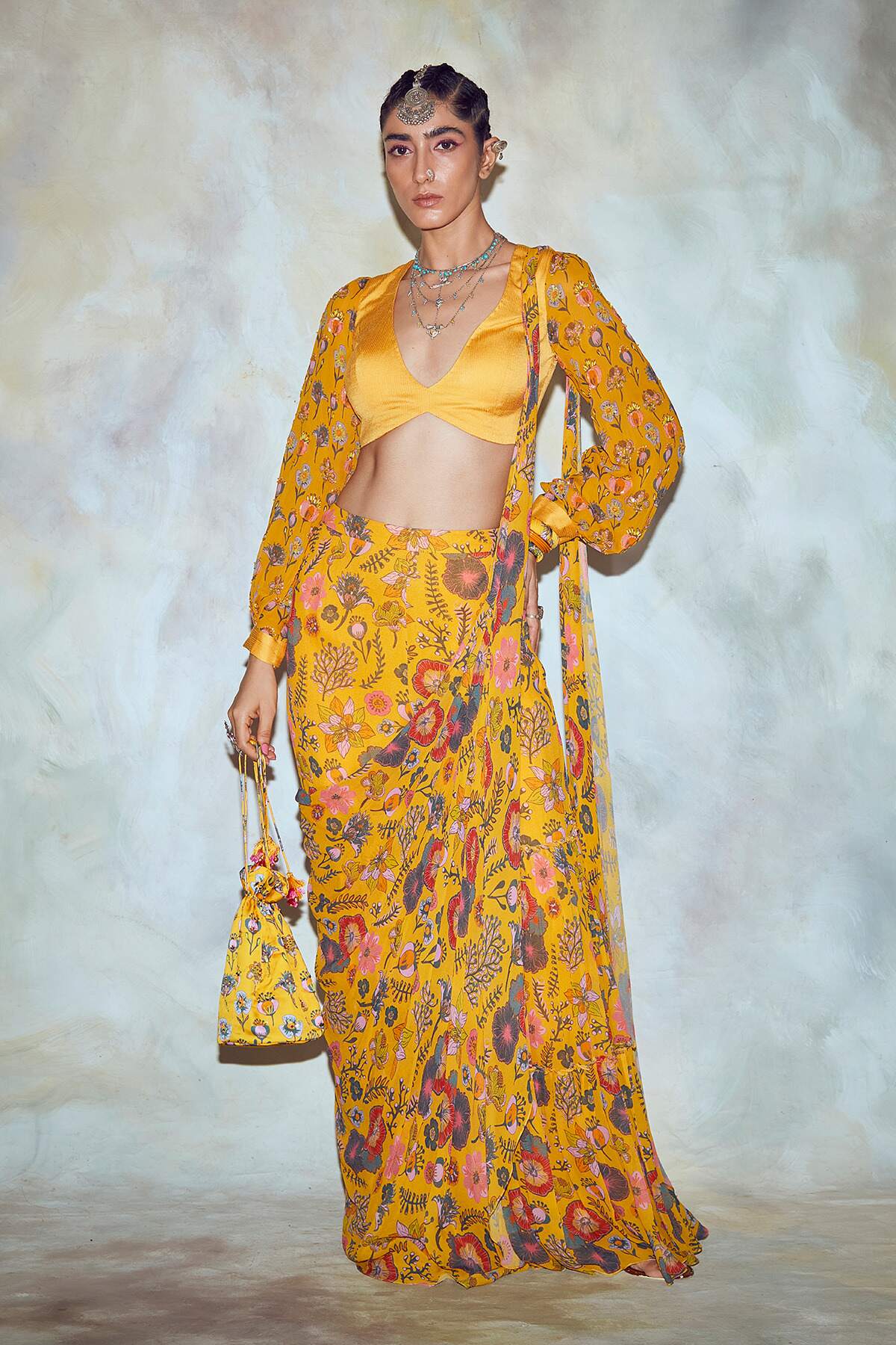 Yellow Floral Print Saree Set