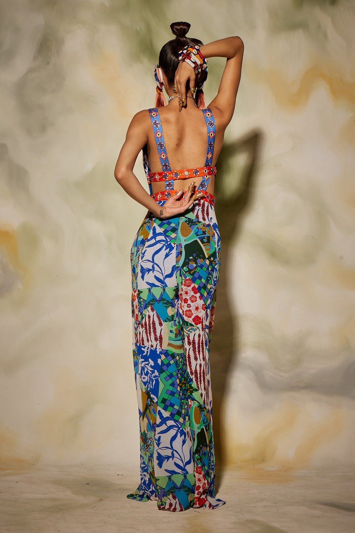 White & Blue Aztec Print Jumpsuit With Drop Potali Bag