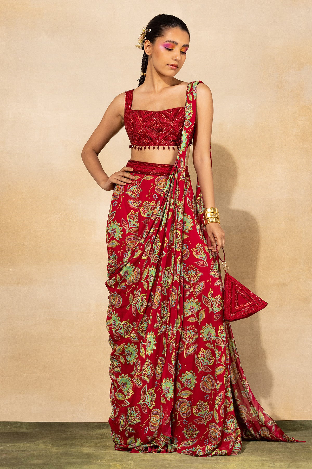 CRIMSON RED DIAMOND EMBROIDERED & PRINTED SAREE SET