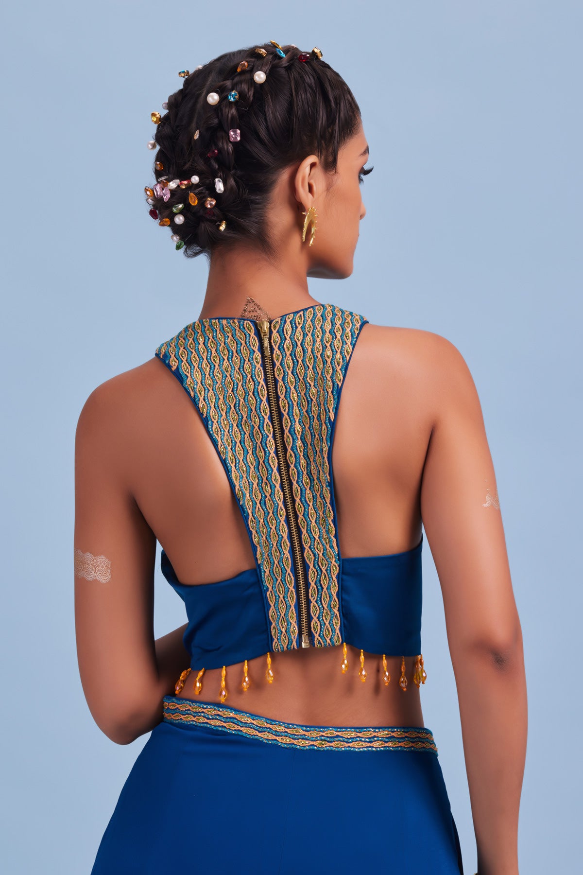 Blue Cord & Cutdana Center Panel Embroidered Crop Top & Pants