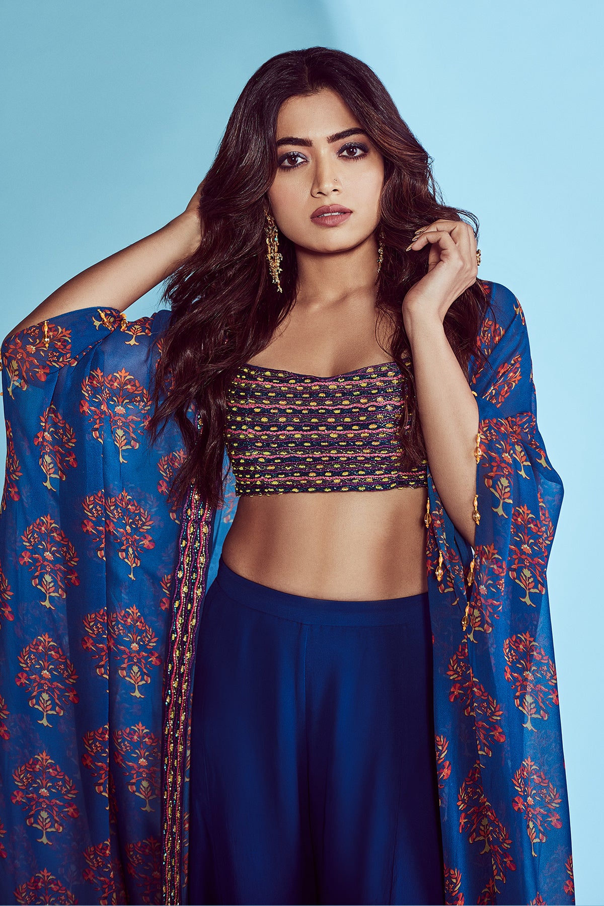 Rashmika Mandanna in Blue Cord & Cutdana Embroidered Bustier Cape Set