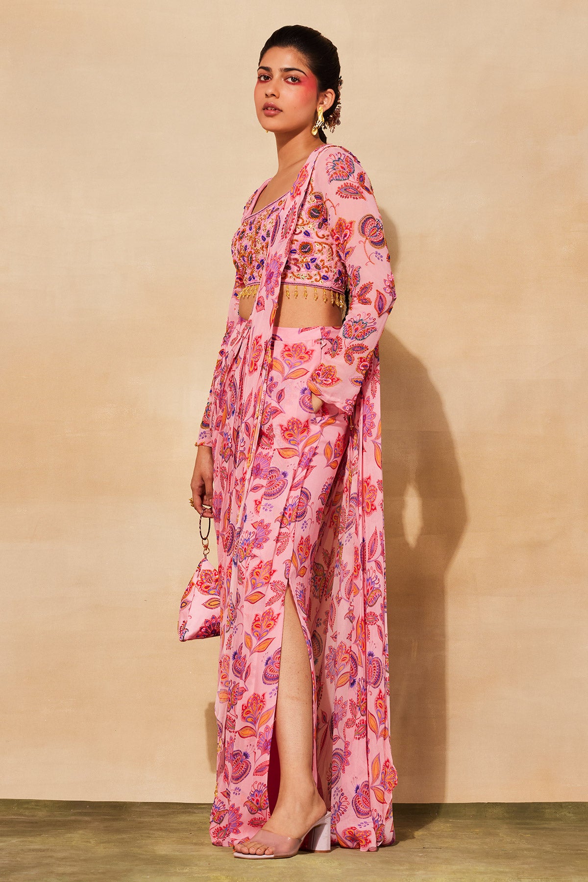 BLUSH PINK PRINT & EMBROIDERED SAREE SET