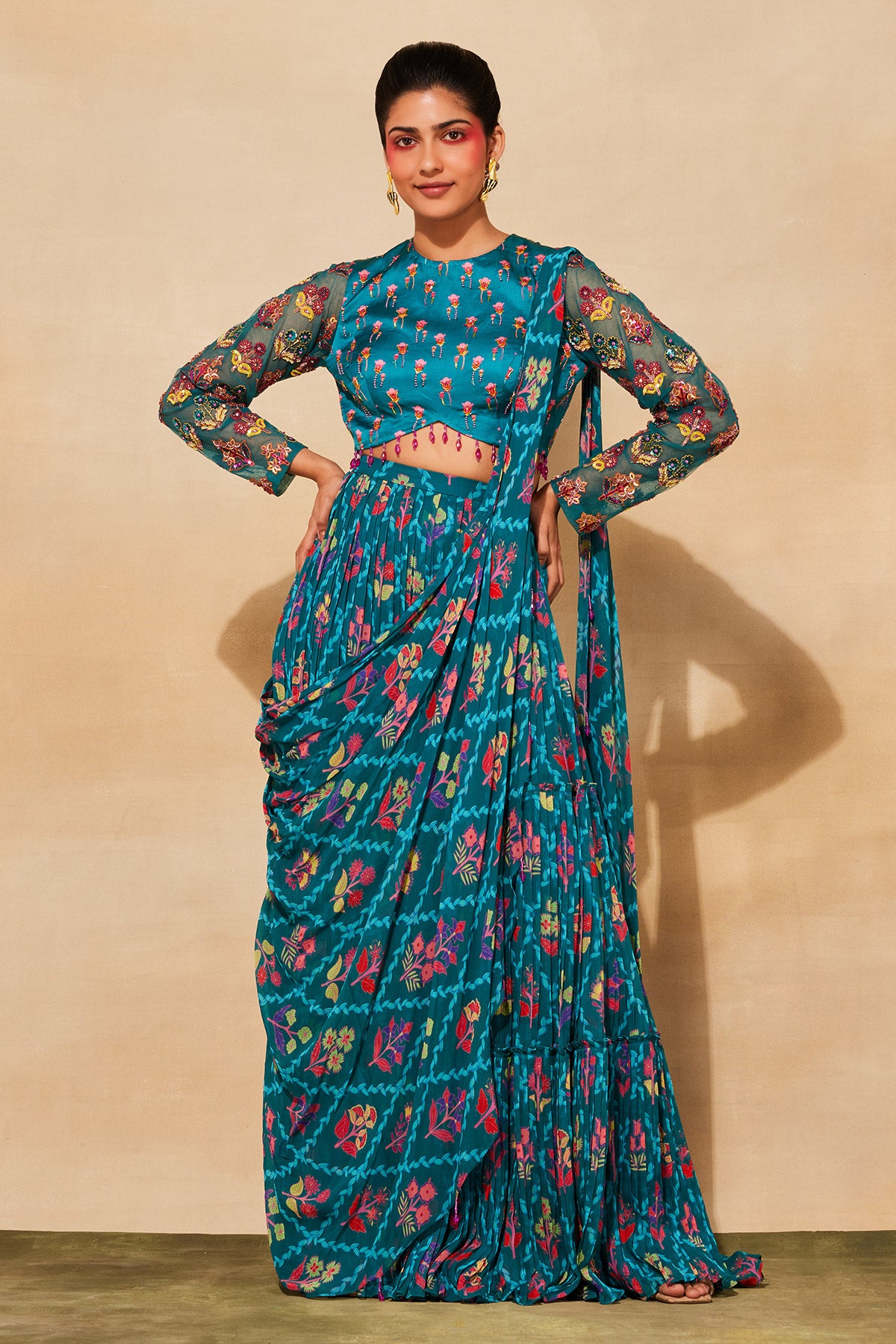 TEAL BLUE PRINT & EMBROIDERED SAREE SET