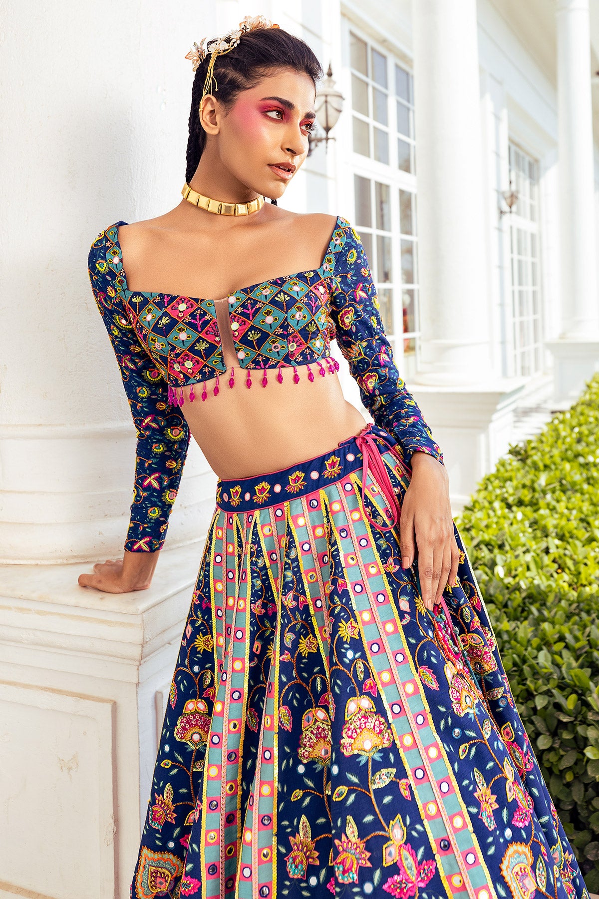 DARK BLUE PRINT & EMBROIDERED LEHENGA SET