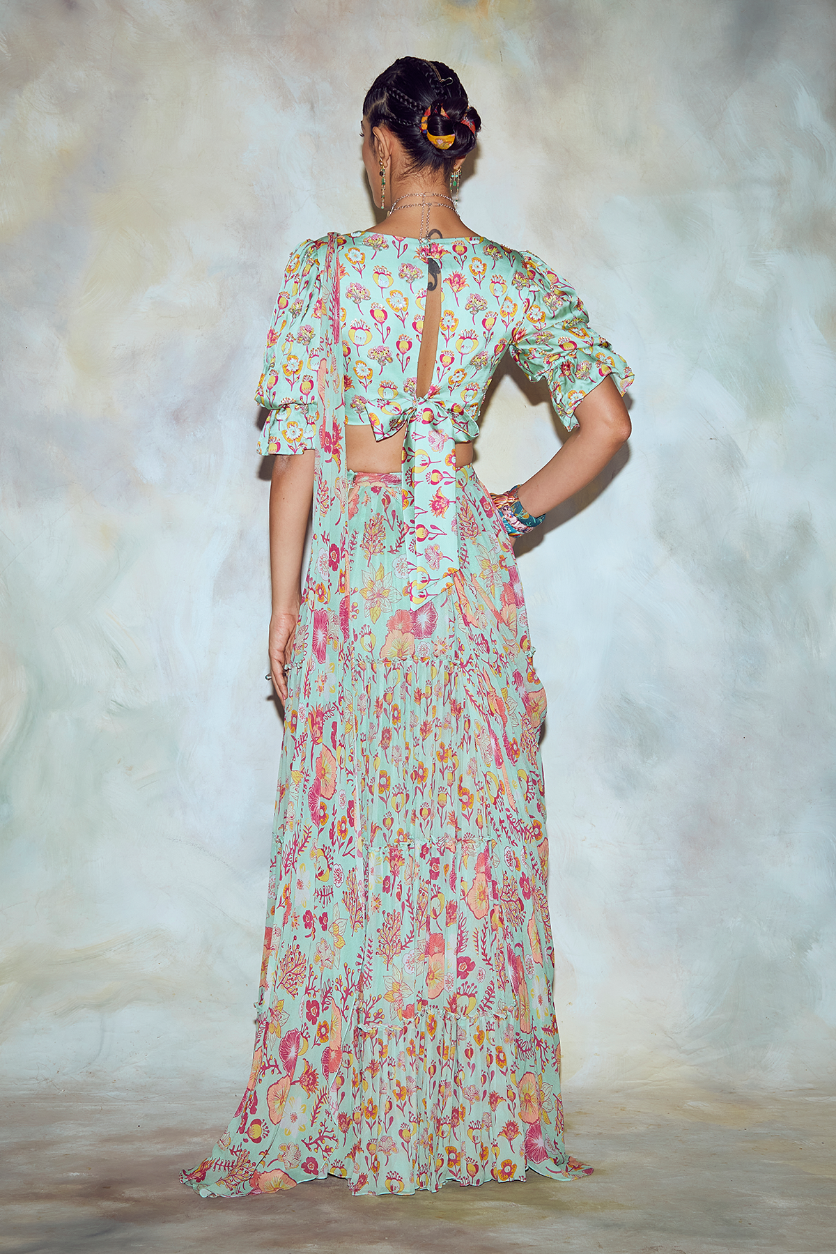 Mint Green Floral Skirt Saree