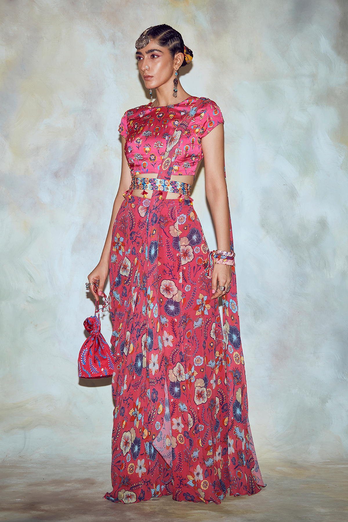 Fuschia  Pink Floral Saree Set