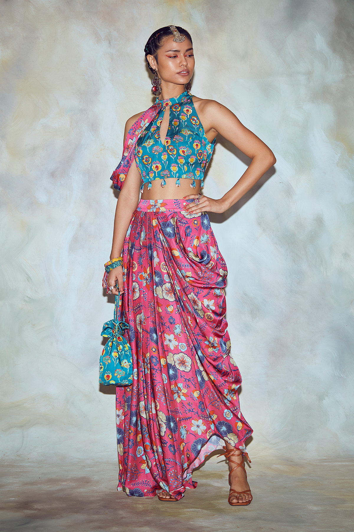 Teal Blue Floral Crop Top Set