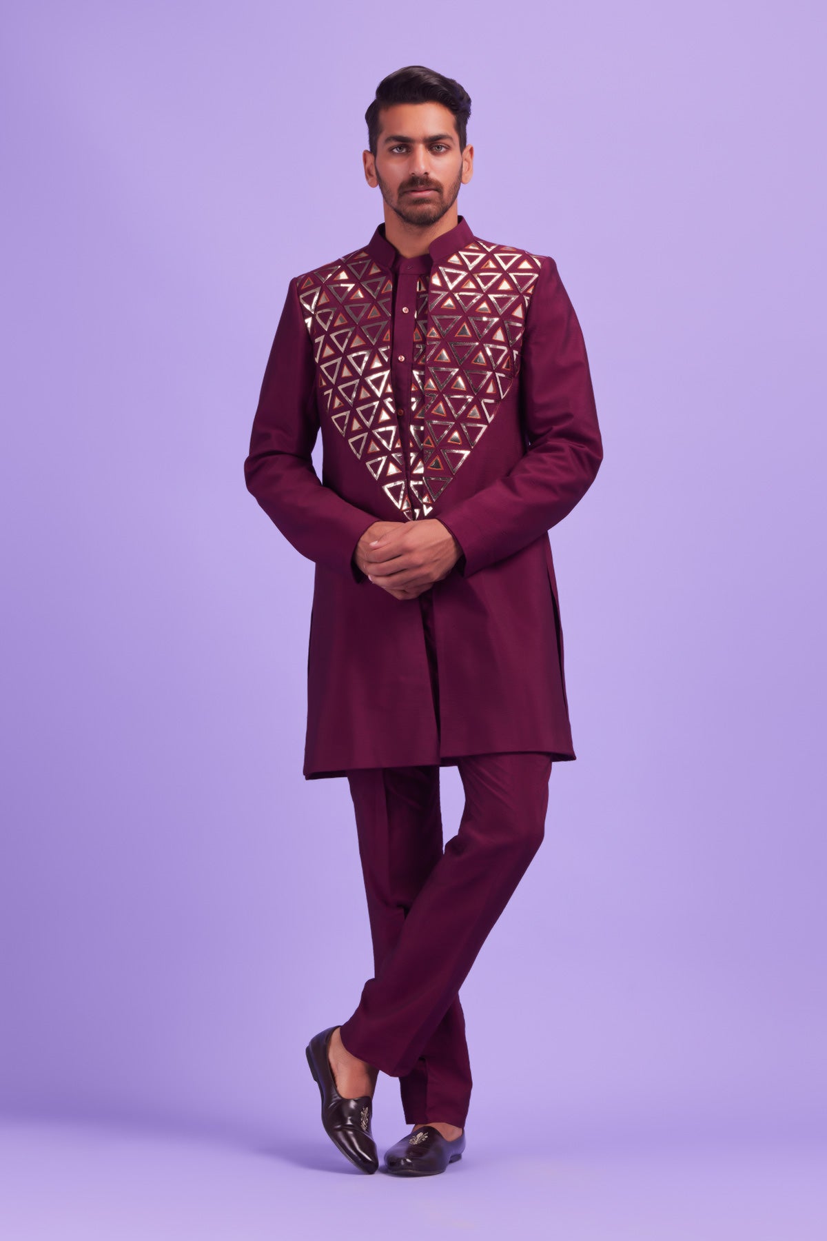 Wine Acrylic and Thread  Triangle Embroidered  Kurta Shirt With Wine Embroidered Long Jacket With  Pants