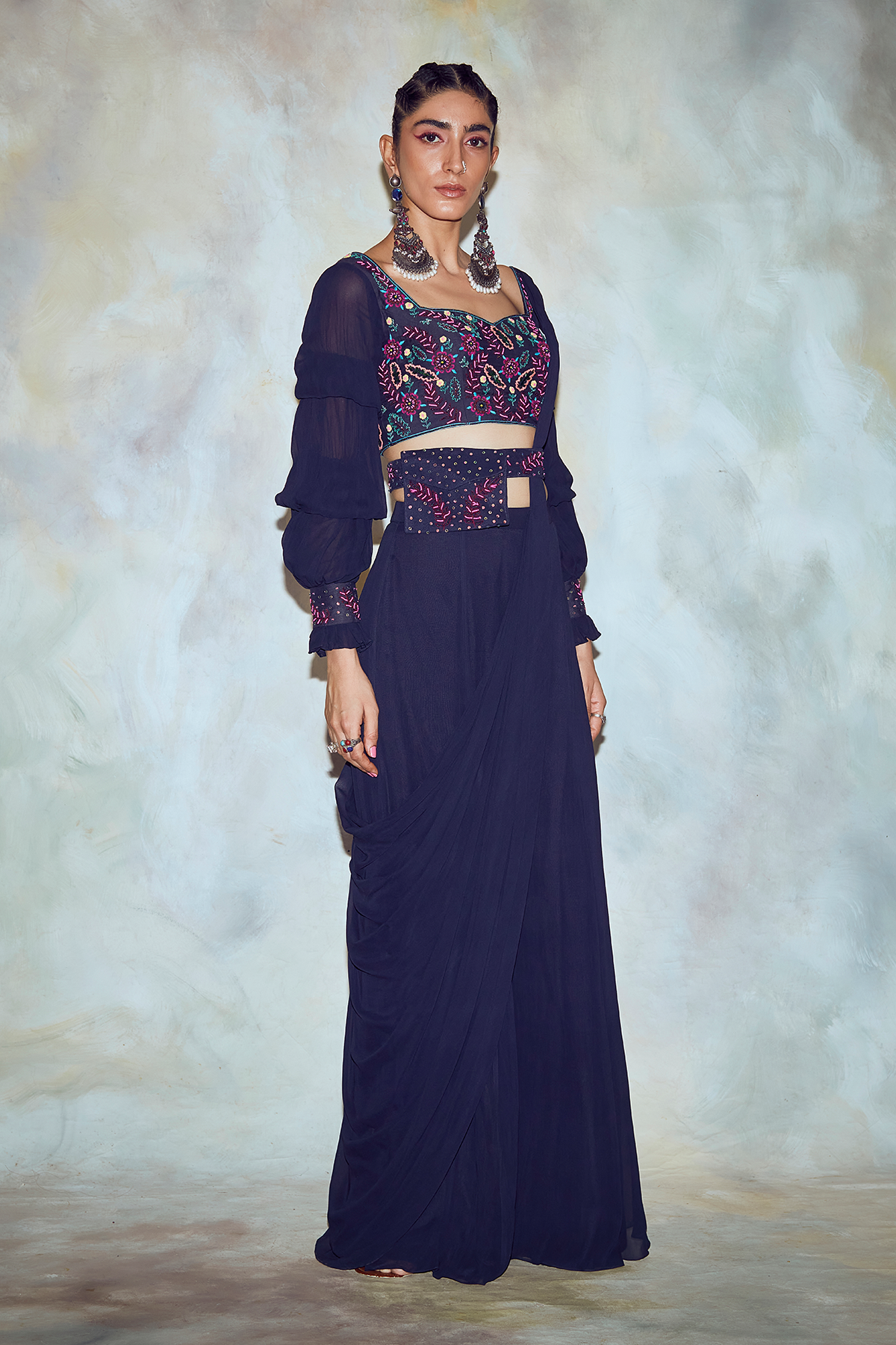 Dark Blue Leaf Embroidered Saree Set