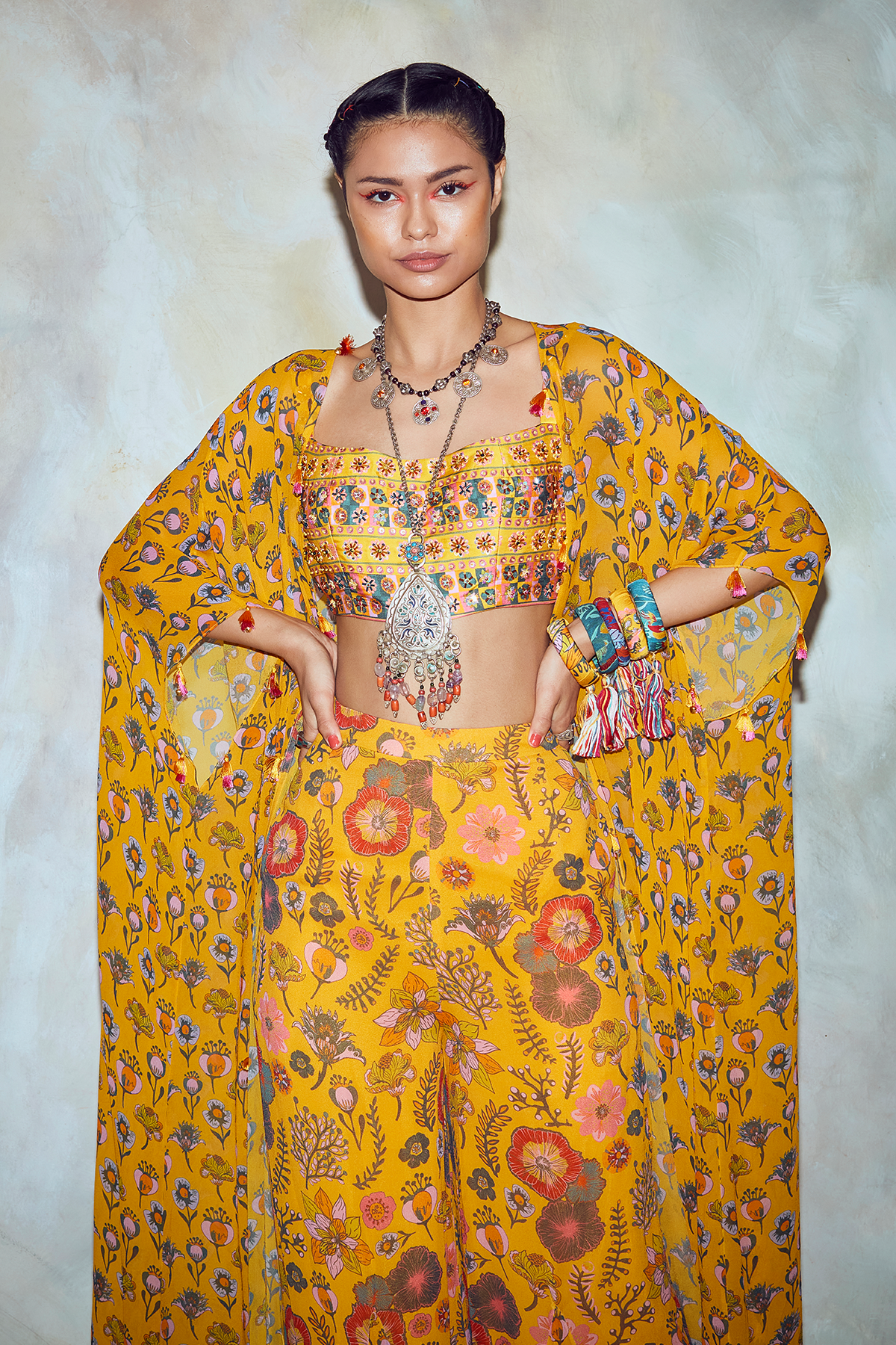 Yellow Border Print Cape Set