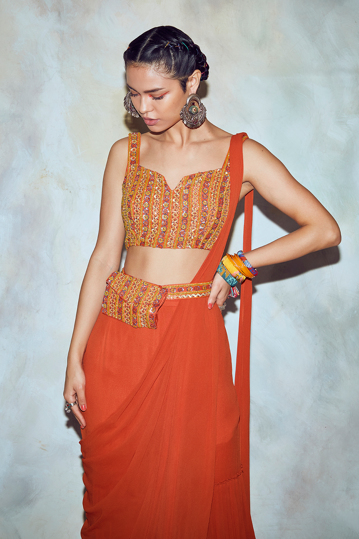 Rust Mix Embroidered Saree Set