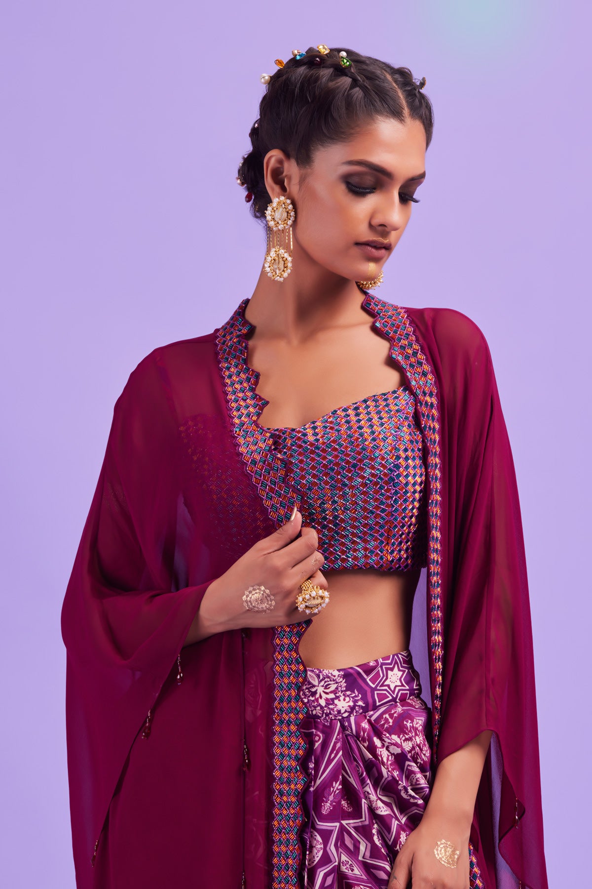 Purple Cutdana Embroidered Bustier & Cape Set