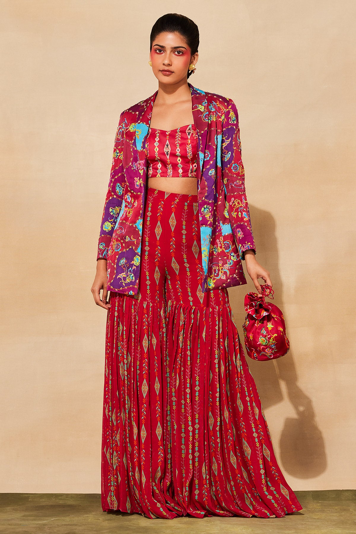 CRIMSON RED PRINT & EMBROIDERED BLAZER SET