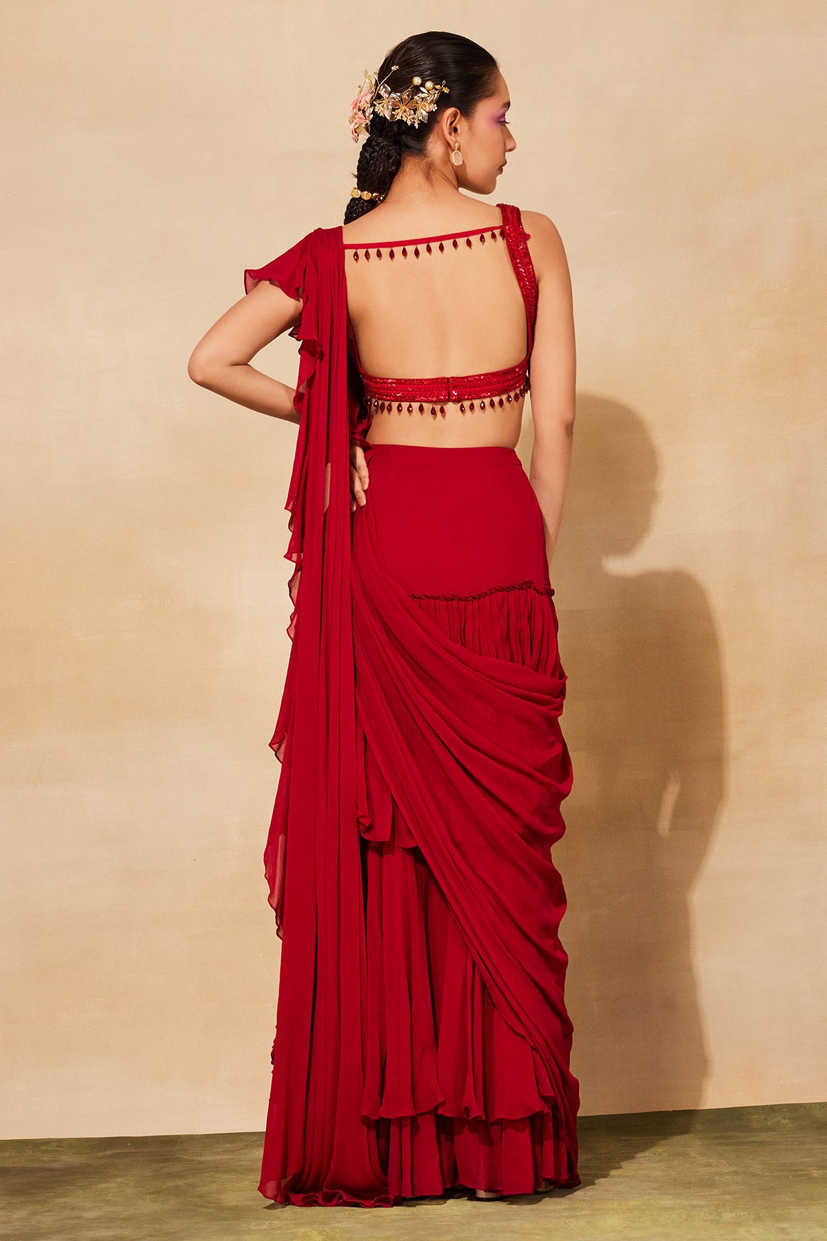 CRIMSON RED DIAMOND  EMBROIDERED SAREE SET