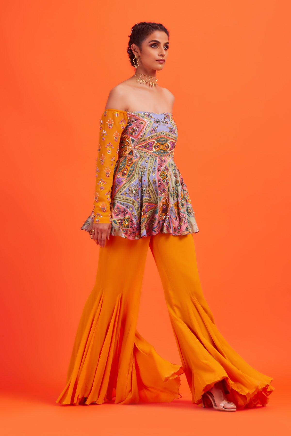 Pastel Yellow Jaal Print & Highlighted Peplum Set