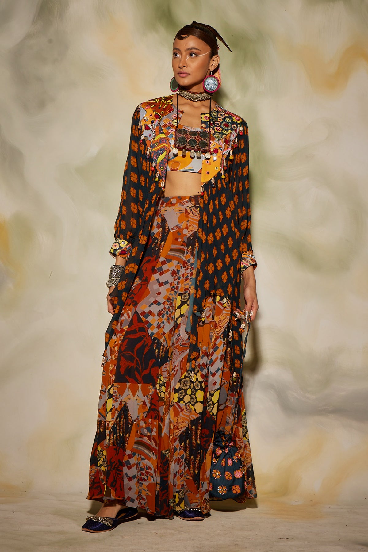 Brown & rust aztec printed busteir and sharara pants & potali bag