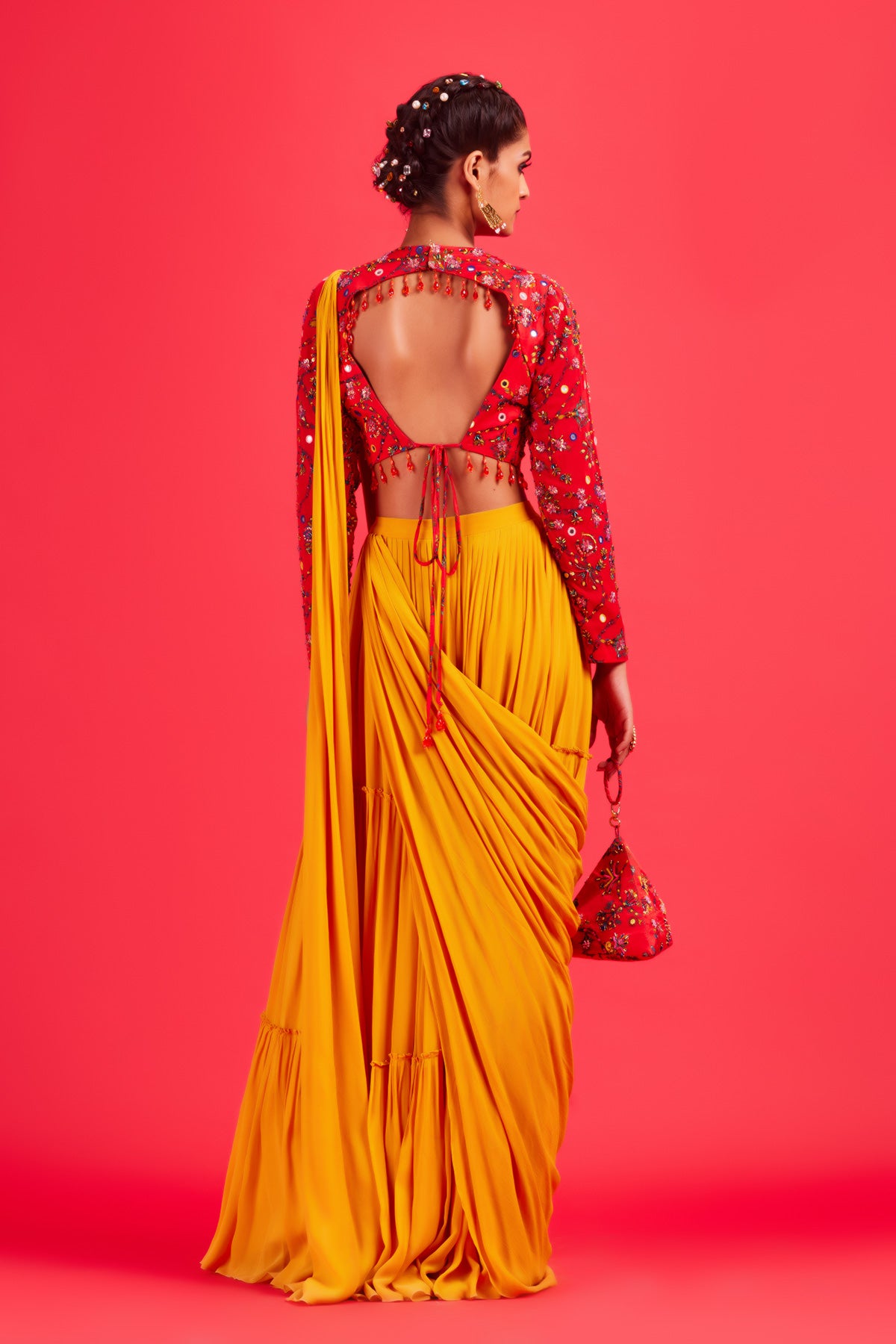 Red Bale Print Blouse With Yellow Tiered Sari & Bag