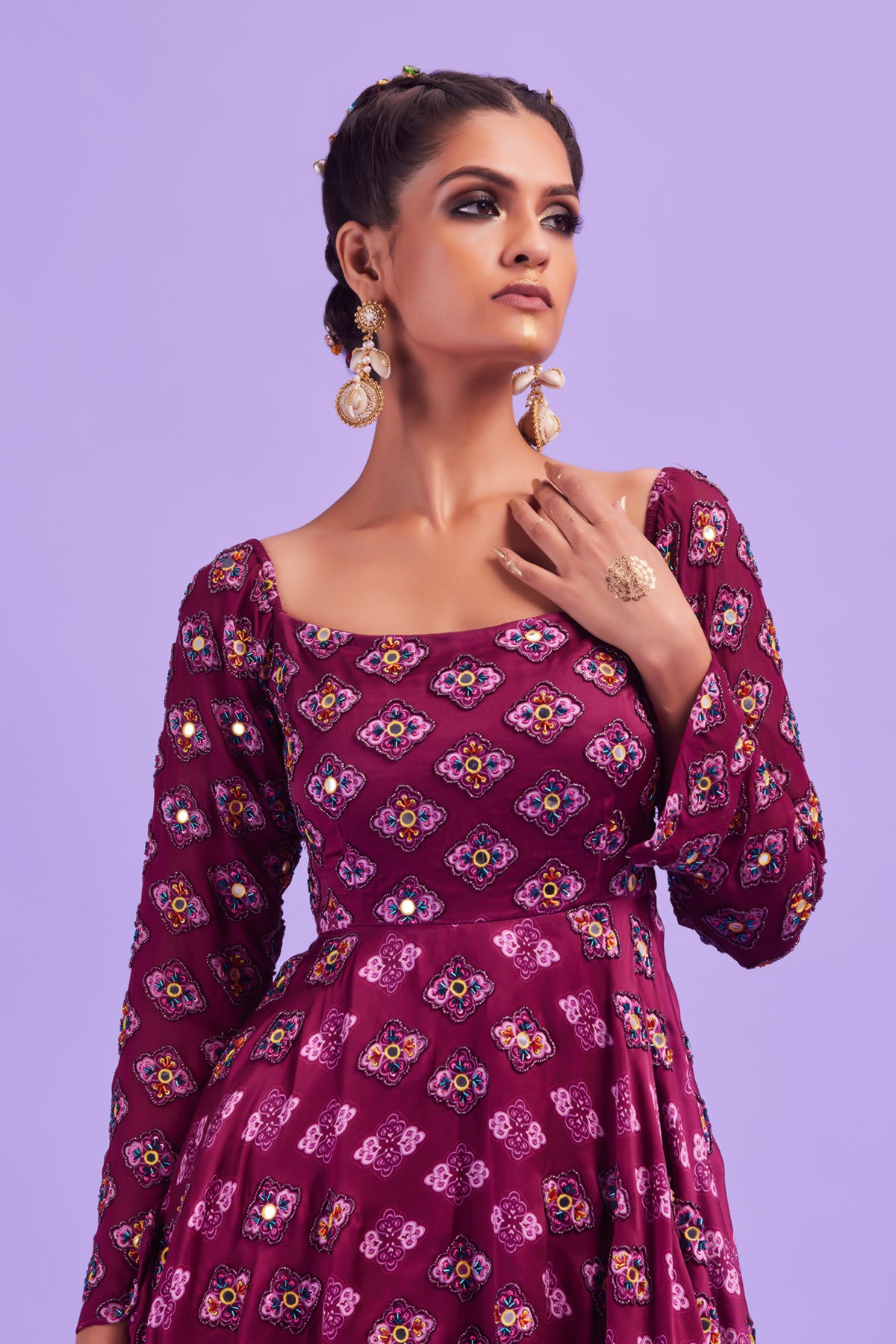 Purple Butta Print & Highlighted Peplum Set