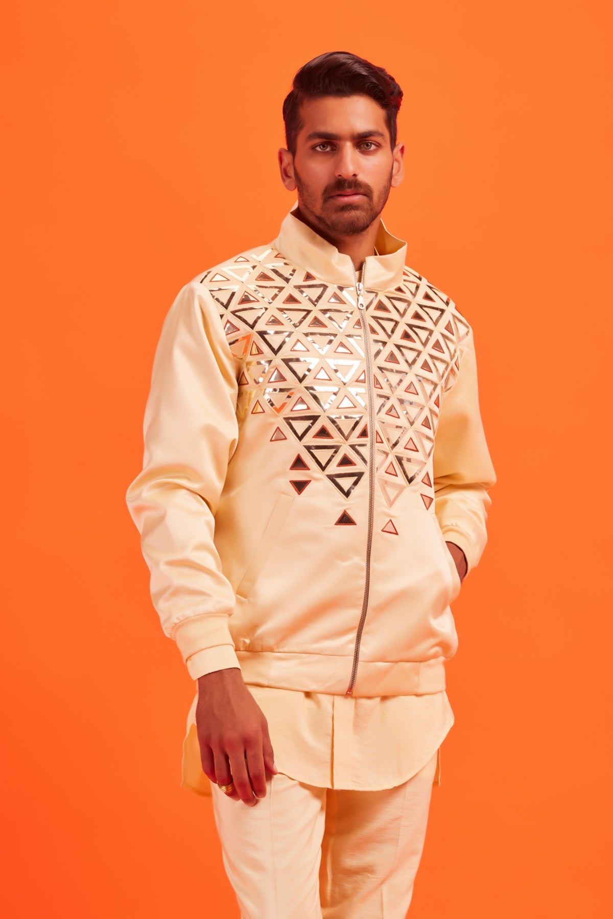 Pastel Yellow Acrylic Triangle Embroidered bomber Jacket With Pastel Yellow Kurta Shirt and Pastel Yellow Pants