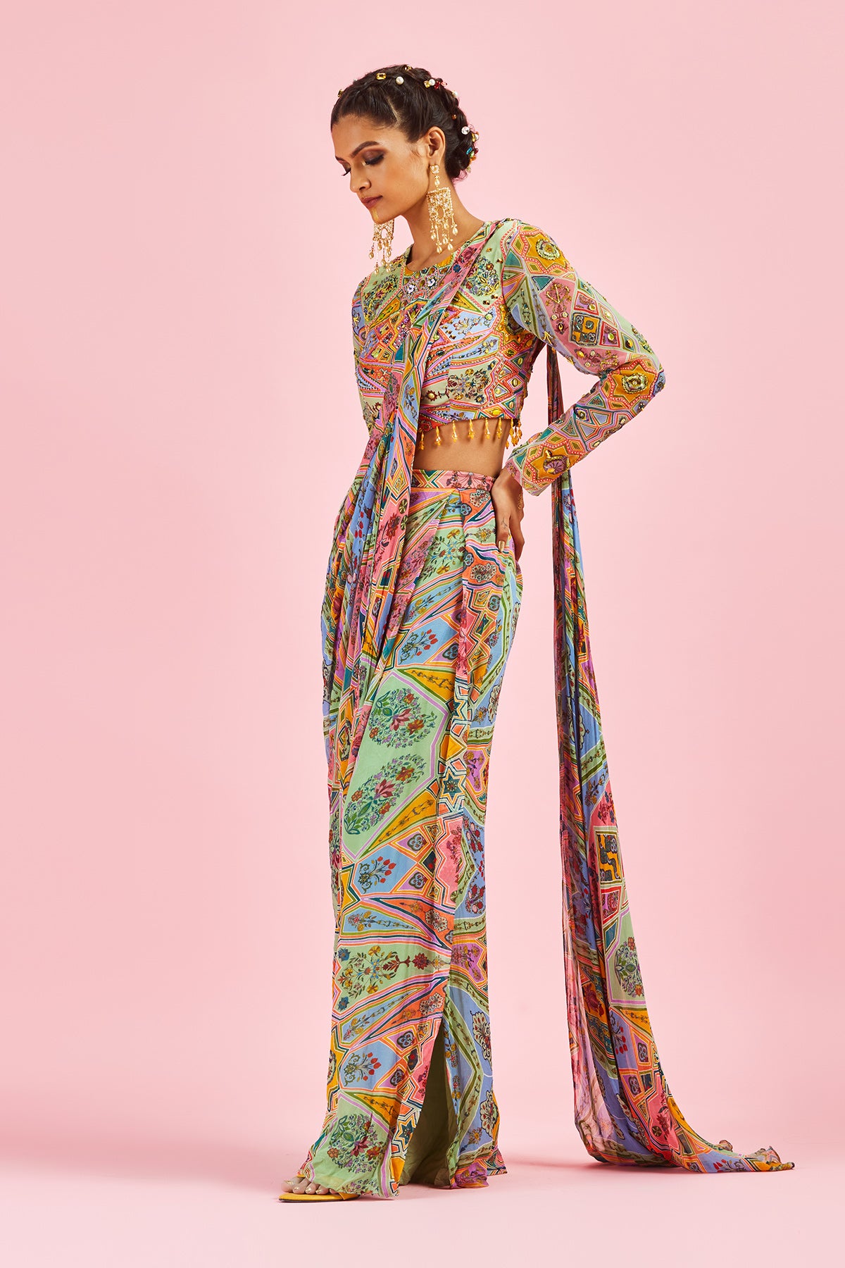 Pastel Yellow Blouse With Pleated Side Slit Open Sari