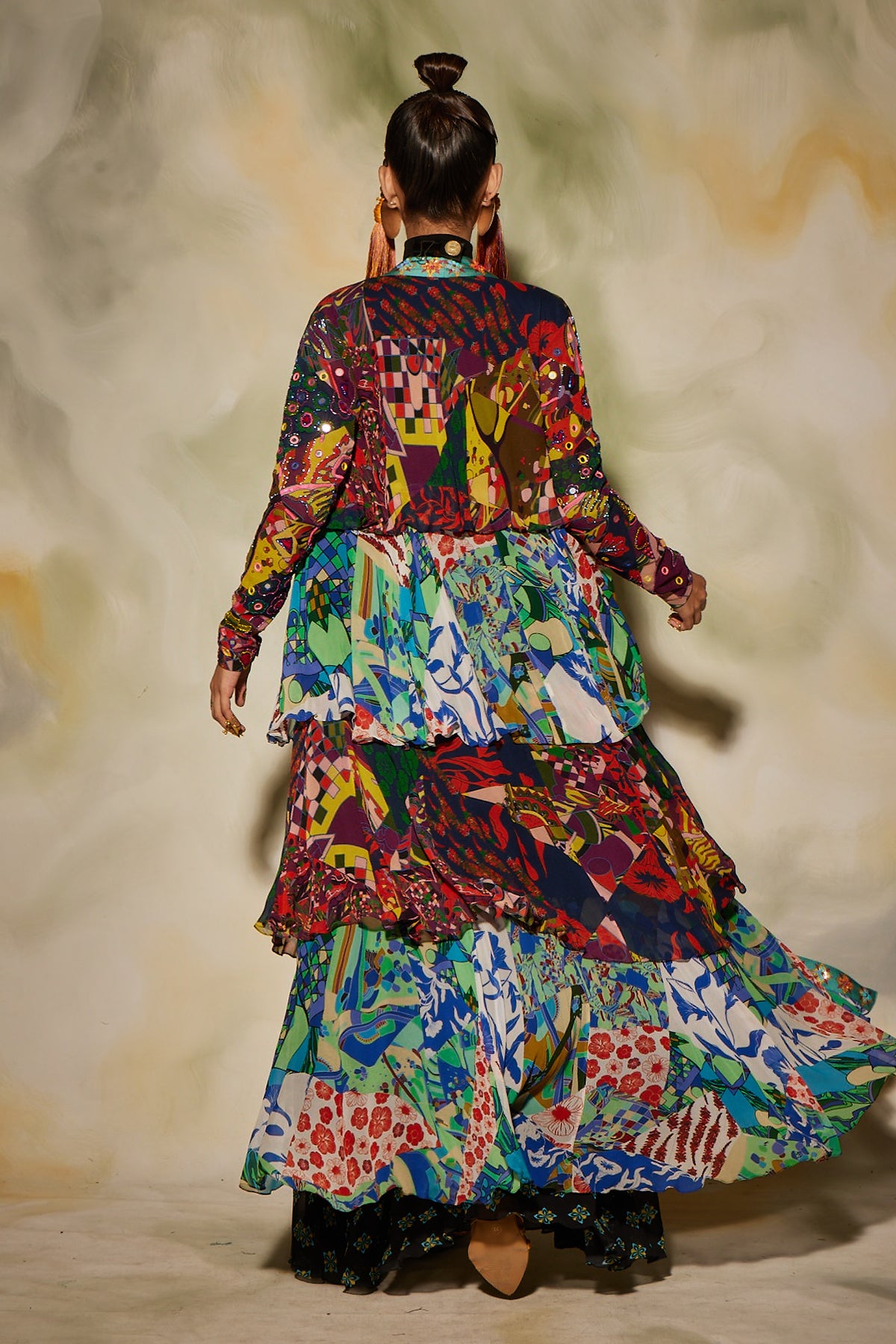 Multicolor Aztec & Butta Printed Layer Cape With Sharara Pant Set