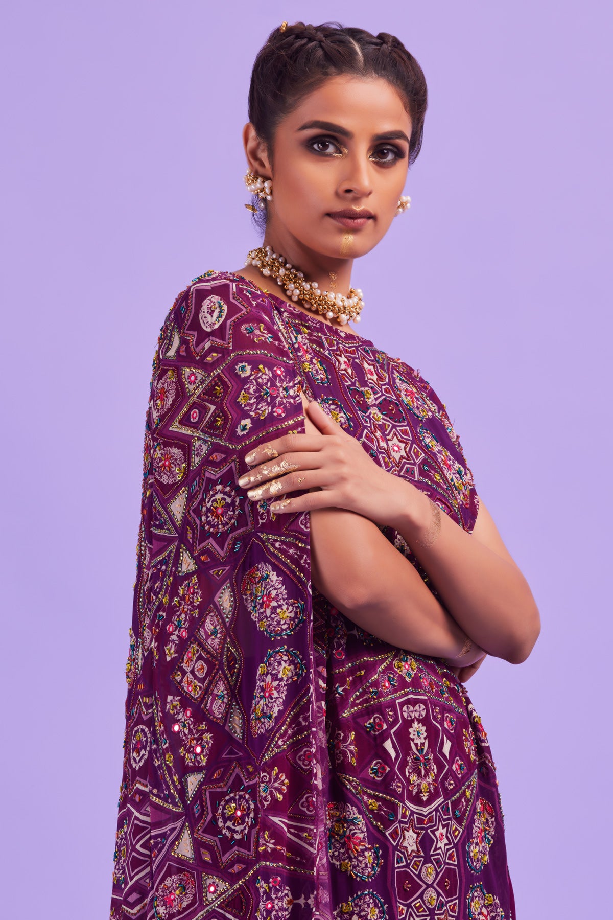 Purple Jaal Print & Highlighted Cape & Sharara Pants