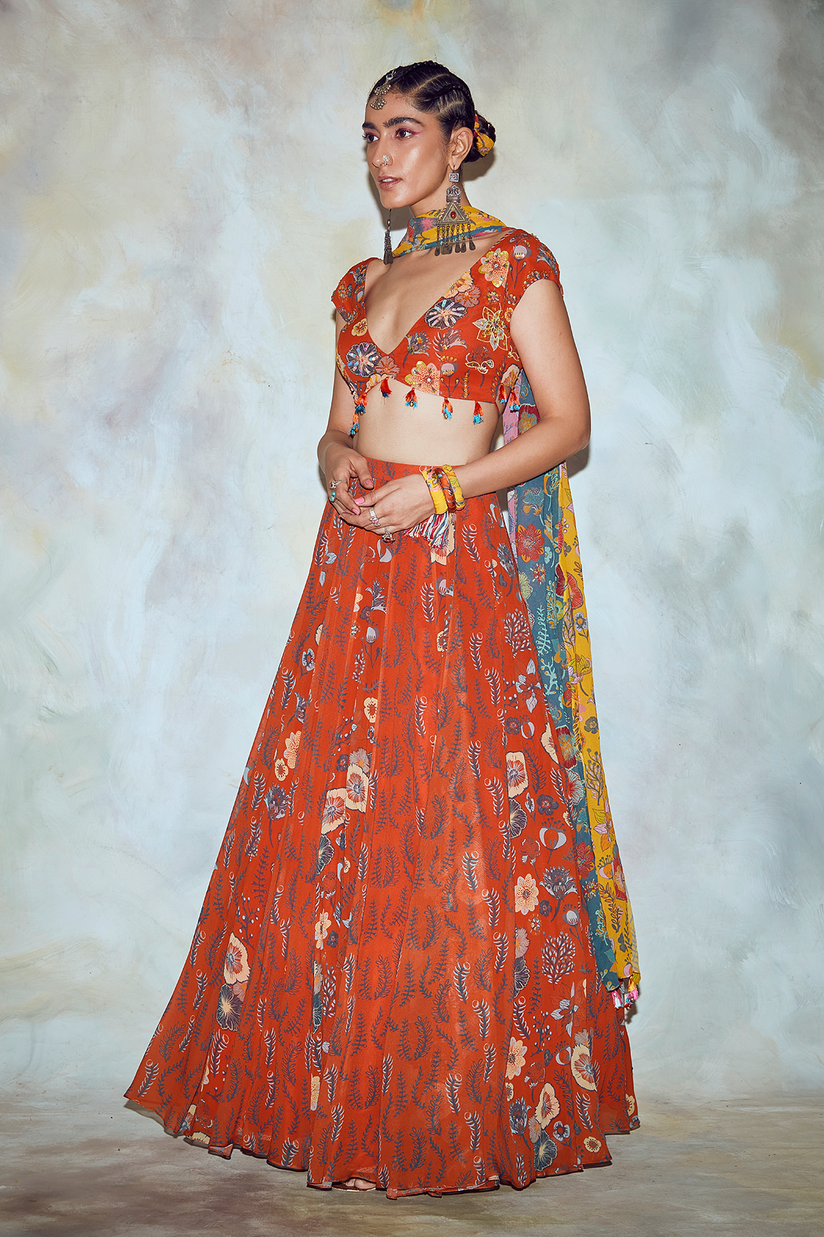 Rust Jaal Print Lehenga Set