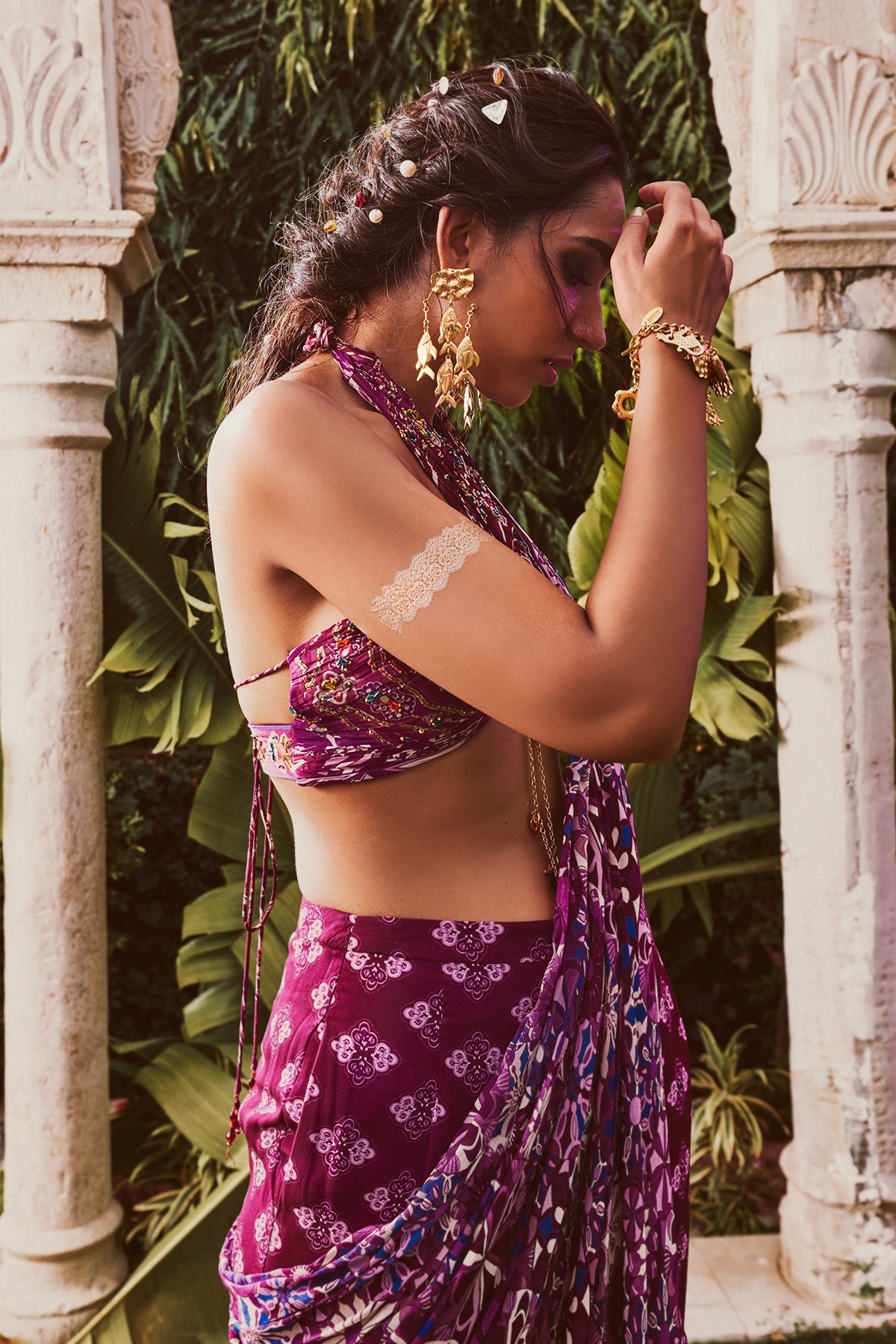 Purple Jaal Printed Gharara Saree Set
